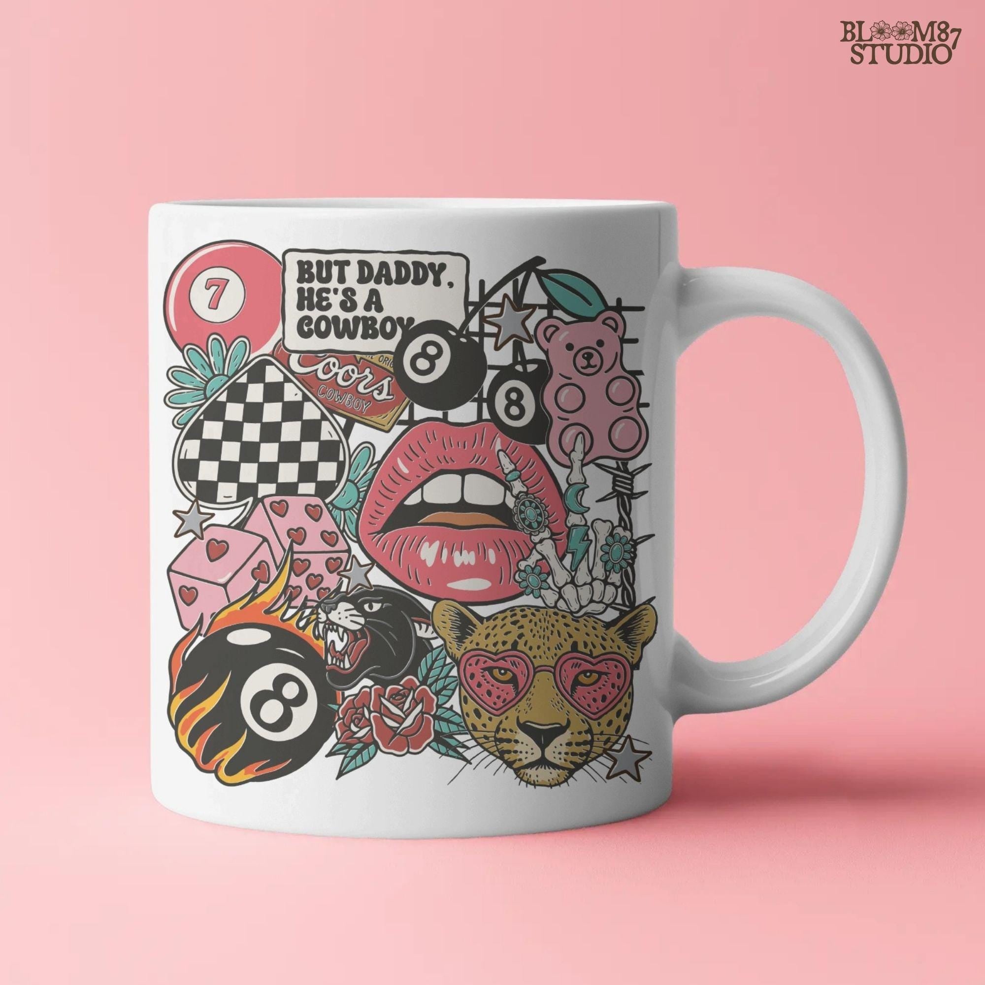 Western howdy collage PNG with “But Daddy He’s a Cowboy” quote, leopard with heart sunglasses, lips, 8 balls, dice, pink bear, and checkerboard.