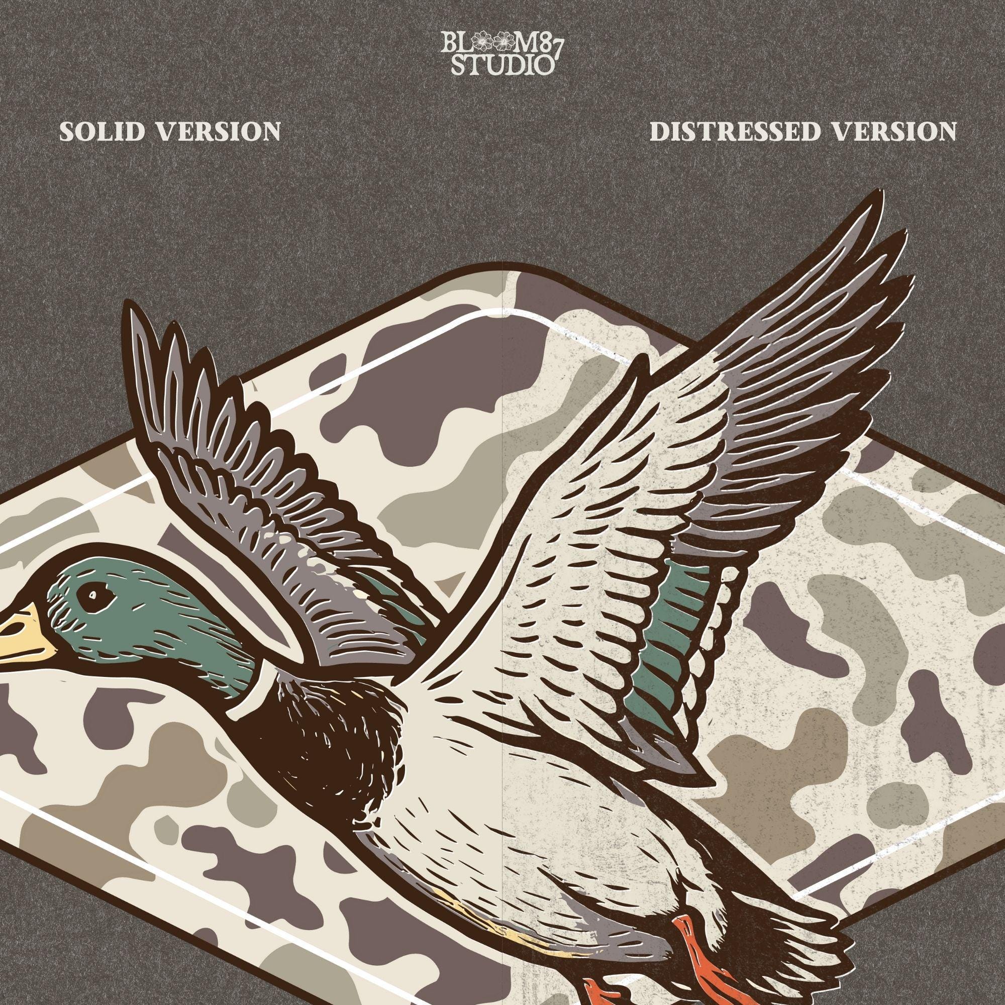 Flying mallard duck over old-school marsh camouflage background, designed in vintage hunting style for southern outdoorsman-themed crafts.