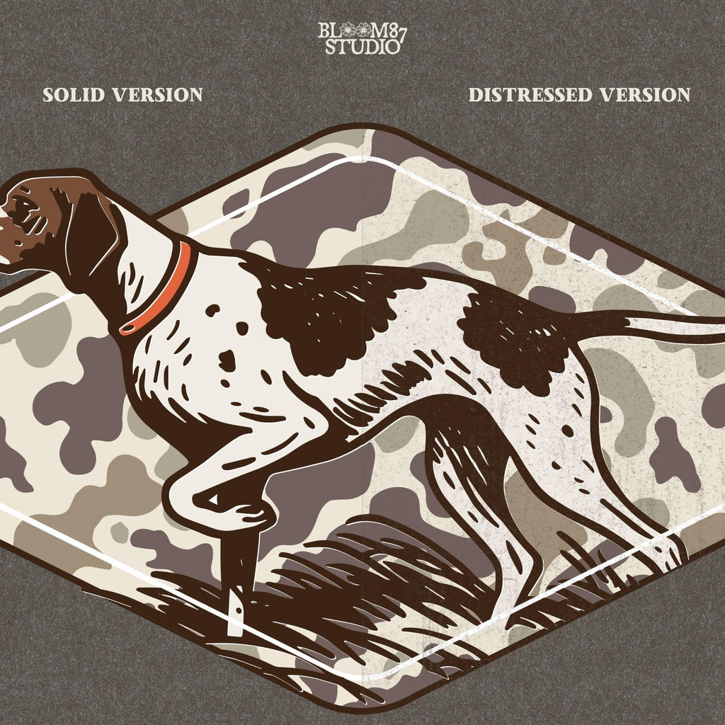 Illustration of a pointer hunting dog in a classic pointing stance on a vintage camo background, designed for upland hunting and outdoor-themed projects.