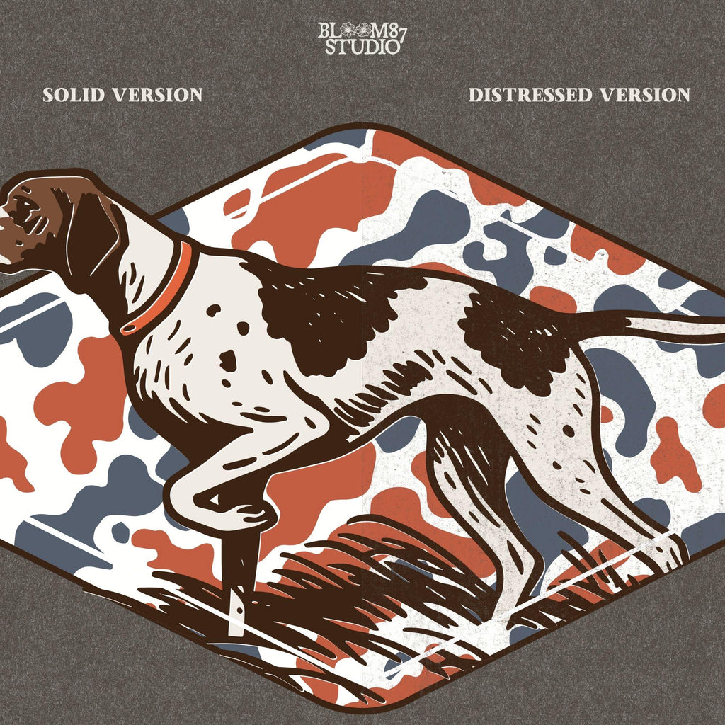 Patriotic illustration of a pointing hunting dog in red, white, and blue camo background, perfect for upland hunting fans and 4th of July projects.