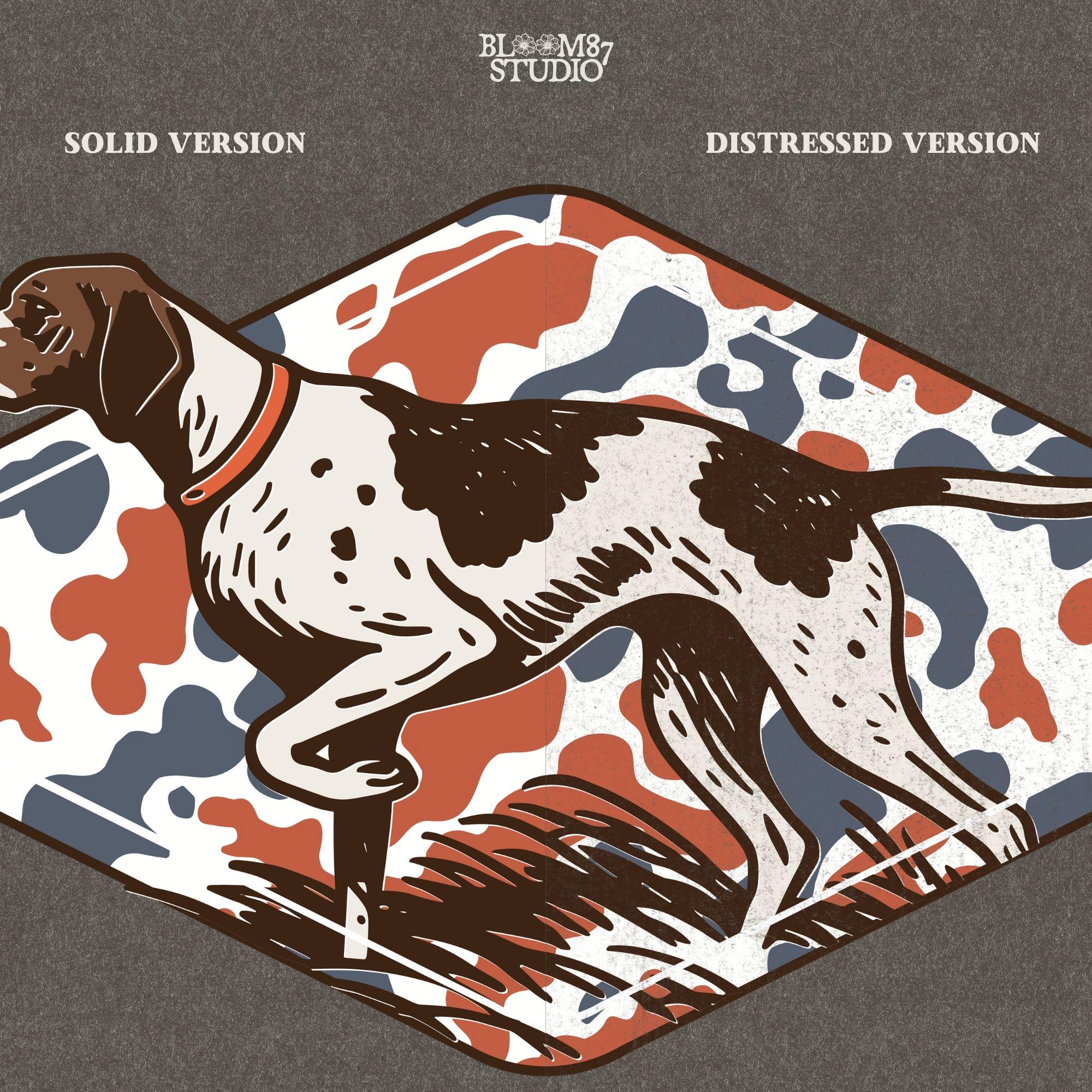 Patriotic illustration of a pointing hunting dog in red, white, and blue camo background, perfect for upland hunting fans and 4th of July projects.