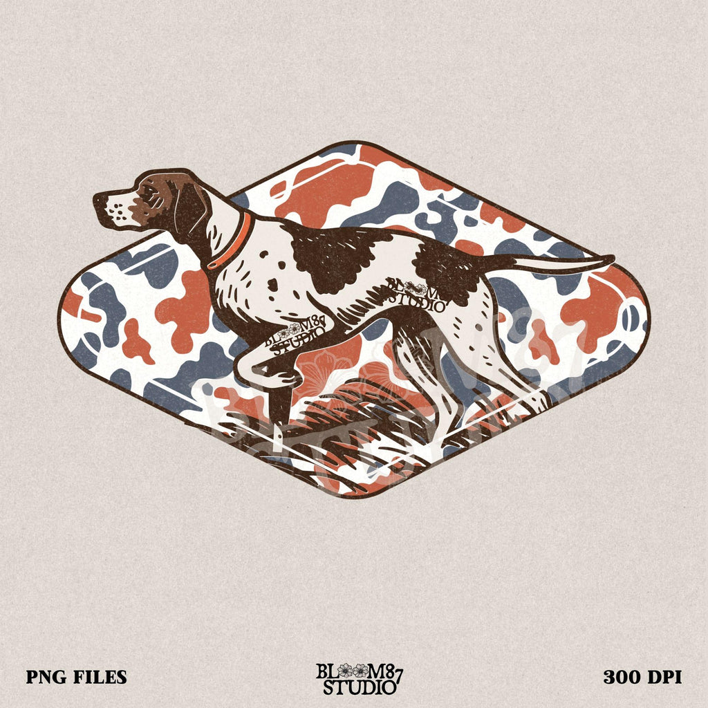 Patriotic illustration of a pointing hunting dog in red, white, and blue camo background, perfect for upland hunting fans and 4th of July projects.