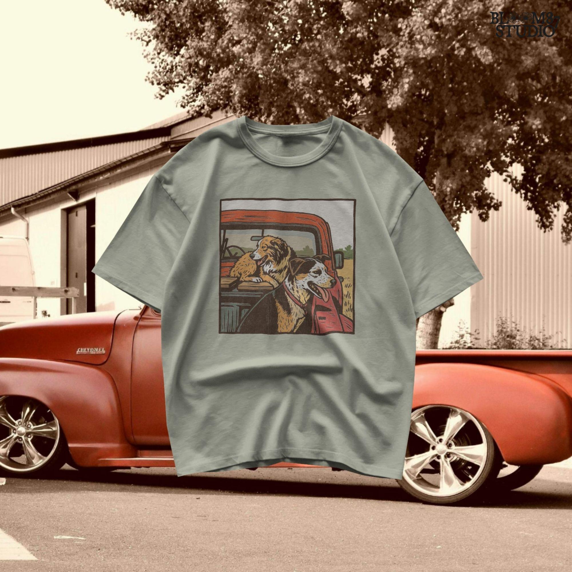 Vintage-style illustration of two dogs — an Australian Shepherd and a Cattle Dog — riding in the back of a red farm truck, designed for sublimation and rustic decor.