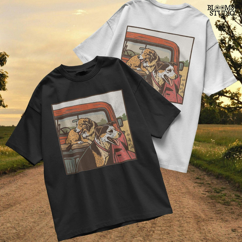 Vintage-style illustration of two dogs — an Australian Shepherd and a Cattle Dog — riding in the back of a red farm truck, designed for sublimation and rustic decor.