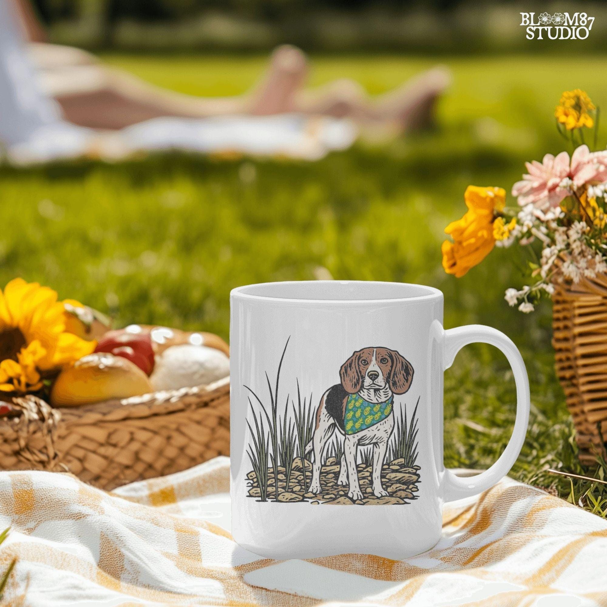 Hand-drawn beagle dog wearing a pineapple bandana, standing in a rocky grass field, designed for sublimation and pet lover gifts.