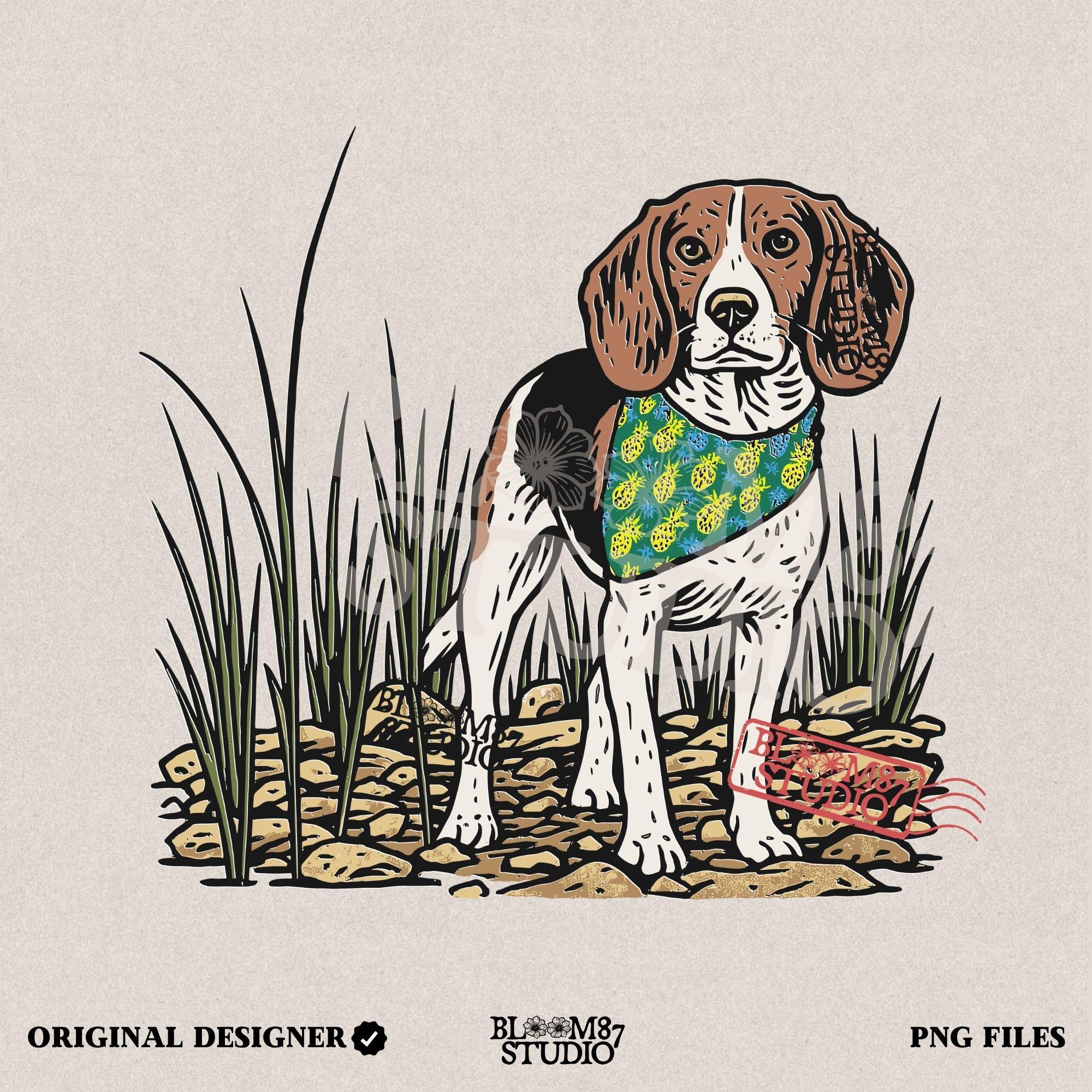 Hand-drawn beagle dog wearing a pineapple bandana, standing in a rocky grass field, designed for sublimation and pet lover gifts.