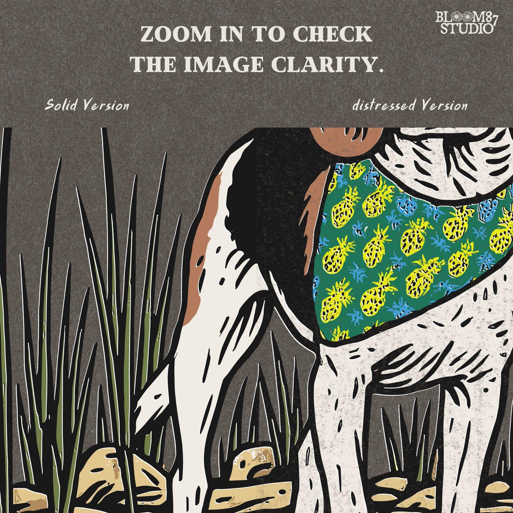 Hand-drawn beagle dog wearing a pineapple bandana, standing in a rocky grass field, designed for sublimation and pet lover gifts.