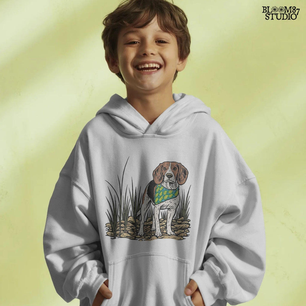 Hand-drawn beagle dog wearing a pineapple bandana, standing in a rocky grass field, designed for sublimation and pet lover gifts.