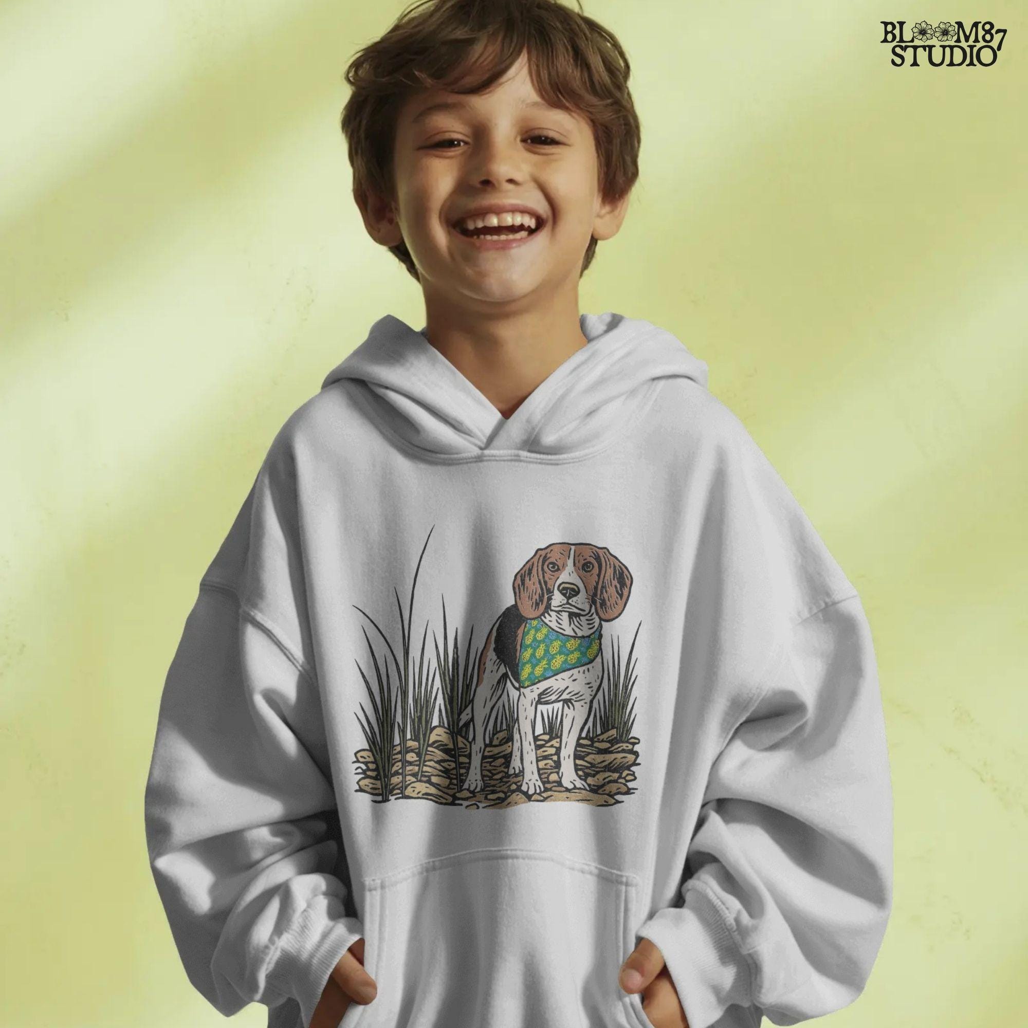 Hand-drawn beagle dog wearing a pineapple bandana, standing in a rocky grass field, designed for sublimation and pet lover gifts.