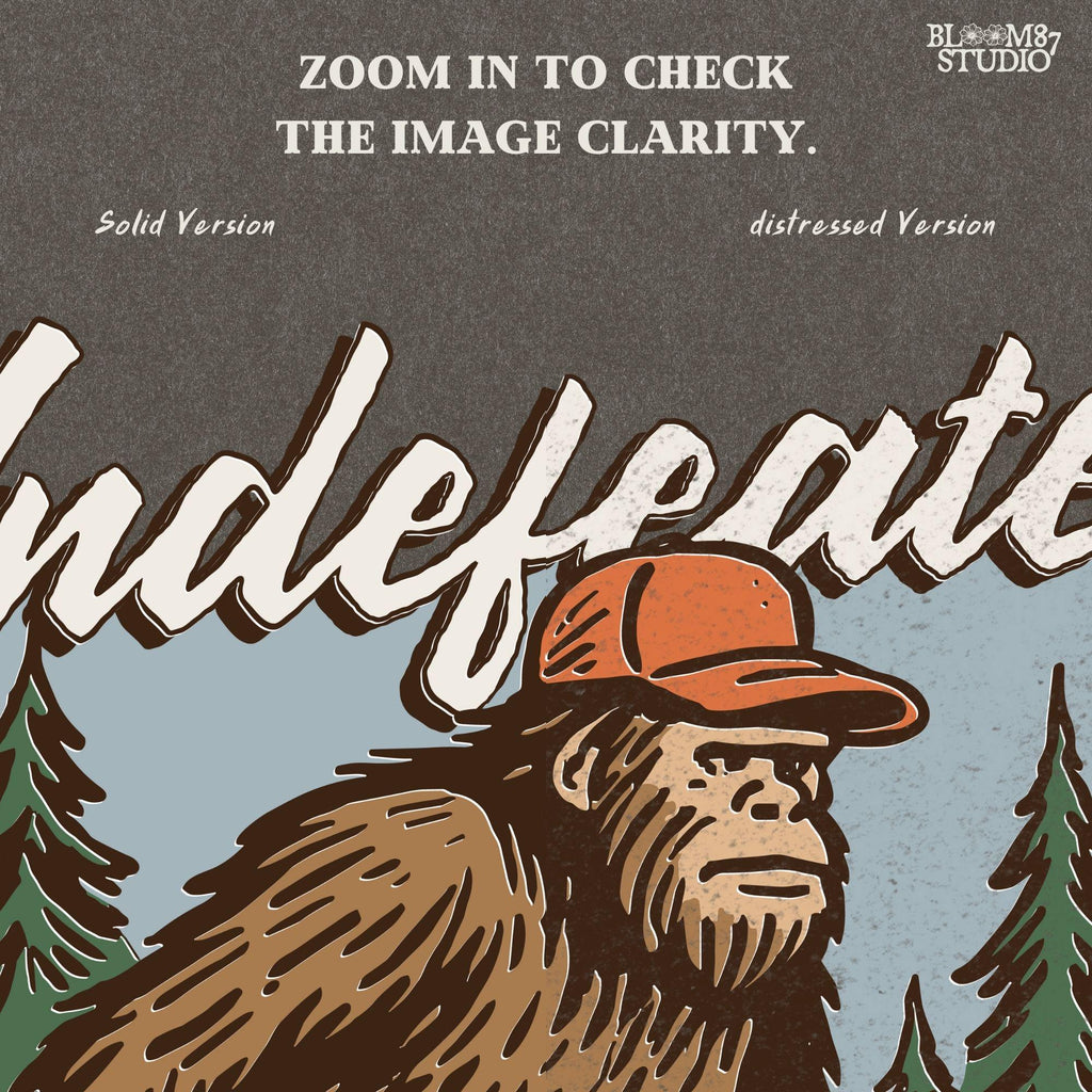 Hand-drawn Bigfoot walking through a pine forest in a red cap and jeans, with text “Undefeated Hide and Seek Champion,” designed for sublimation use.