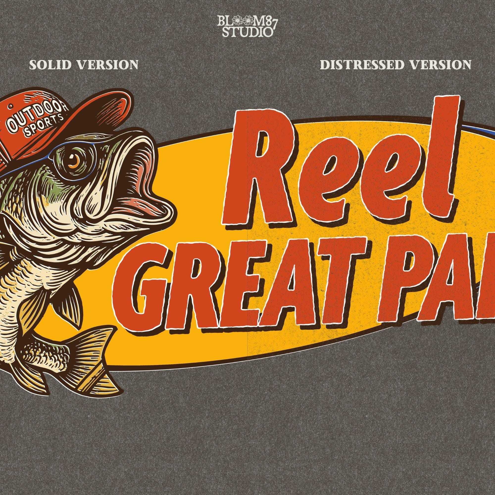 Funny fishing design with bass fish and “Reel Great Papa” text – vintage-style PNG for Father’s Day sublimation gift.
