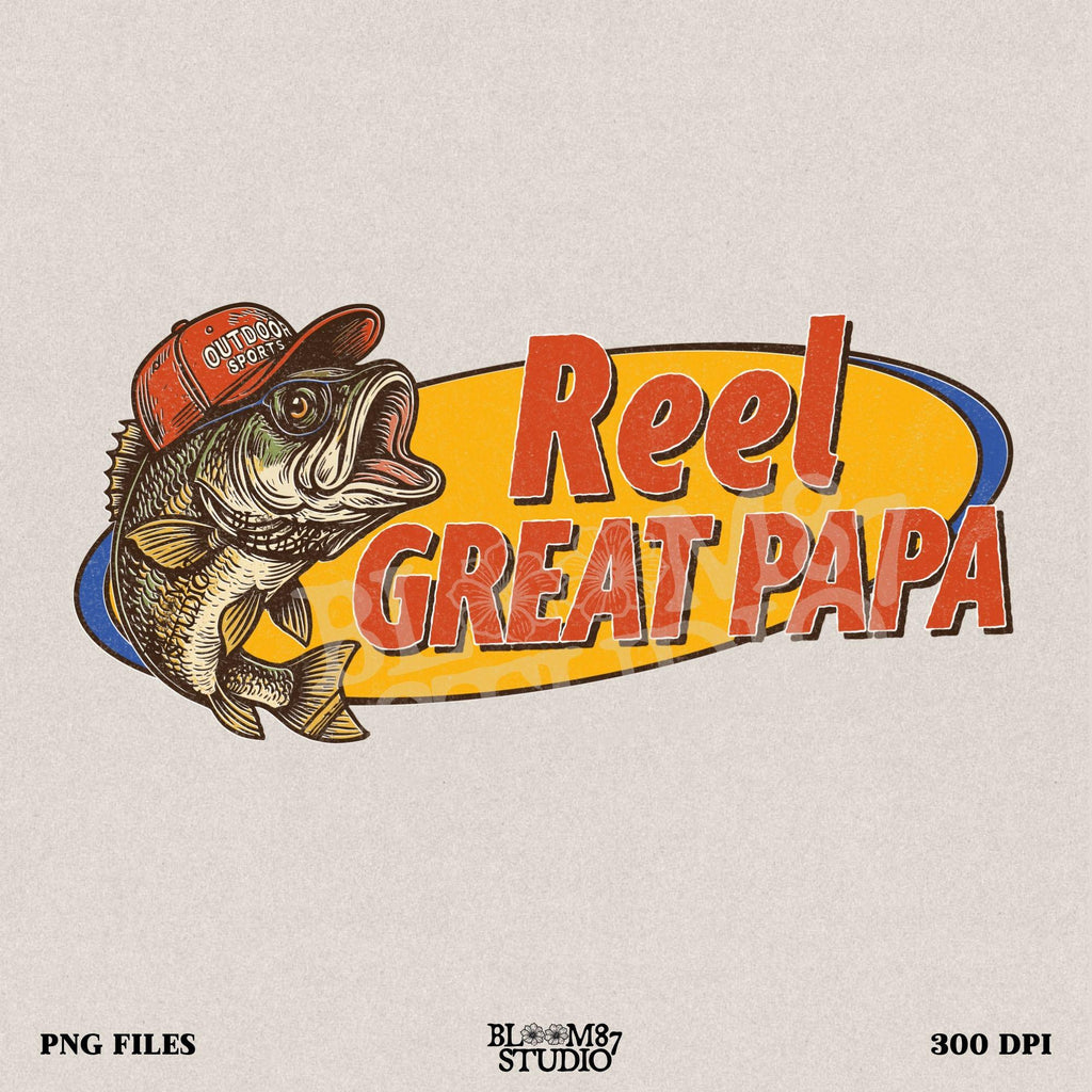 Funny fishing design with bass fish and “Reel Great Papa” text – vintage-style PNG for Father’s Day sublimation gift.