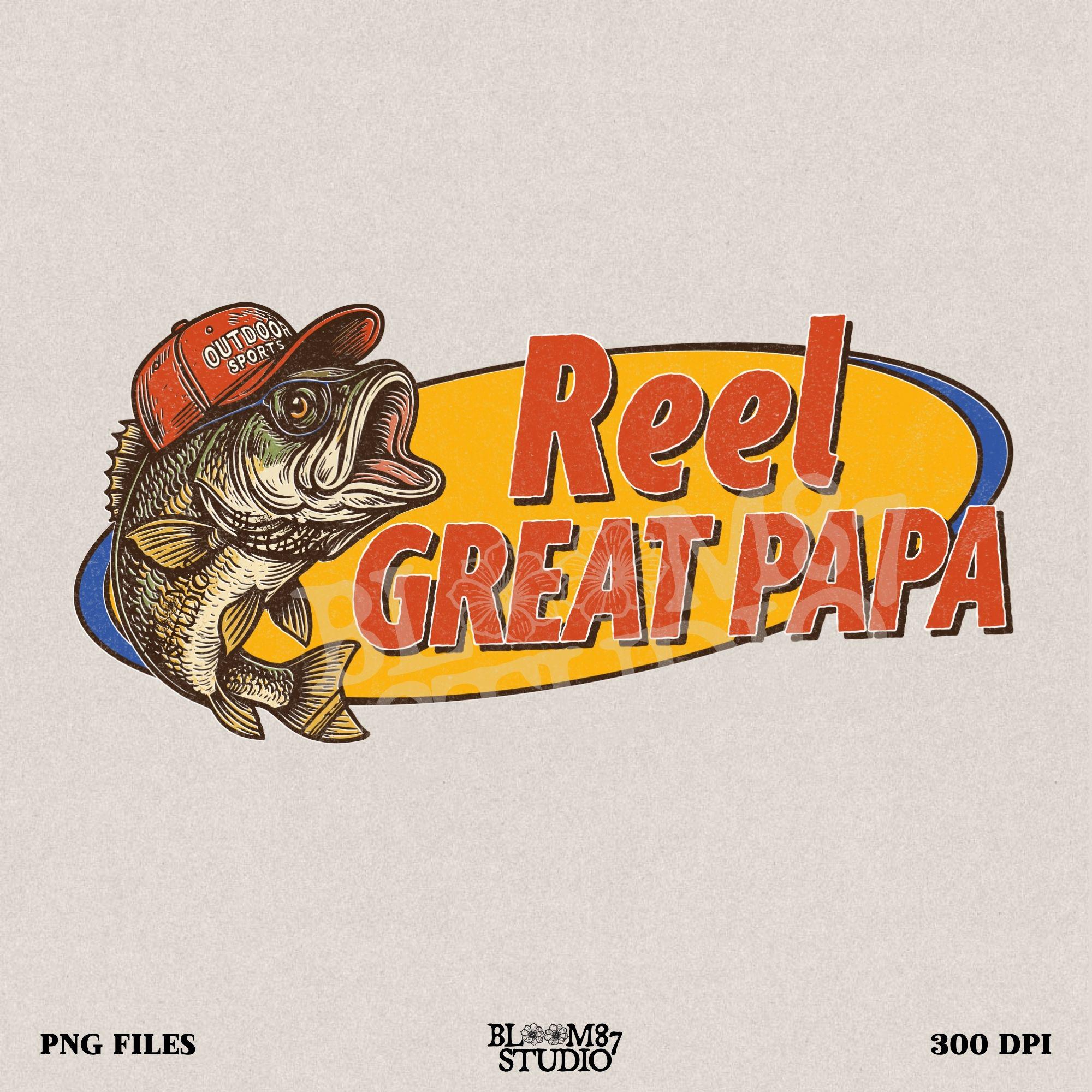 Funny fishing design with bass fish and “Reel Great Papa” text – vintage-style PNG for Father’s Day sublimation gift.