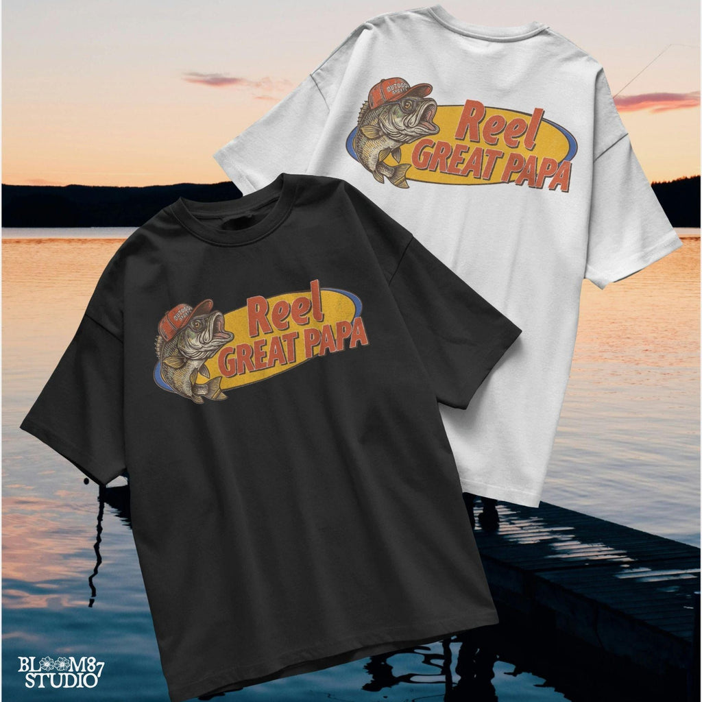 Funny fishing design with bass fish and “Reel Great Papa” text – vintage-style PNG for Father’s Day sublimation gift.