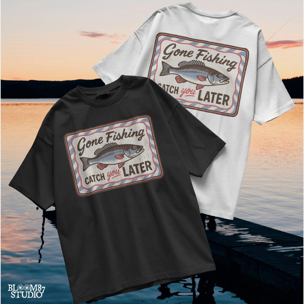 Vintage-style “Gone Fishing Catch You Later” sign with a bold blue and red fish illustration and striped border, ideal for fishing lovers.