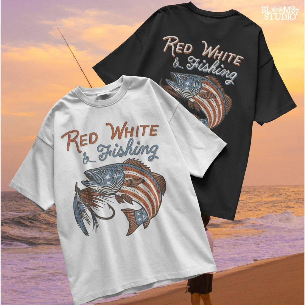 Bass fish decorated with American flag stars and stripes, jumping with a fishing lure and text “Red White & Fishing” in patriotic style.