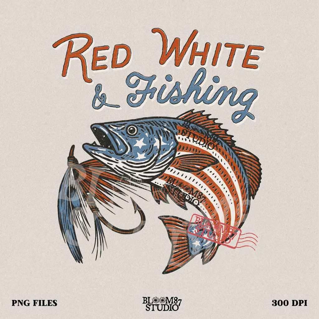 Bass fish decorated with American flag stars and stripes, jumping with a fishing lure and text “Red White & Fishing” in patriotic style.