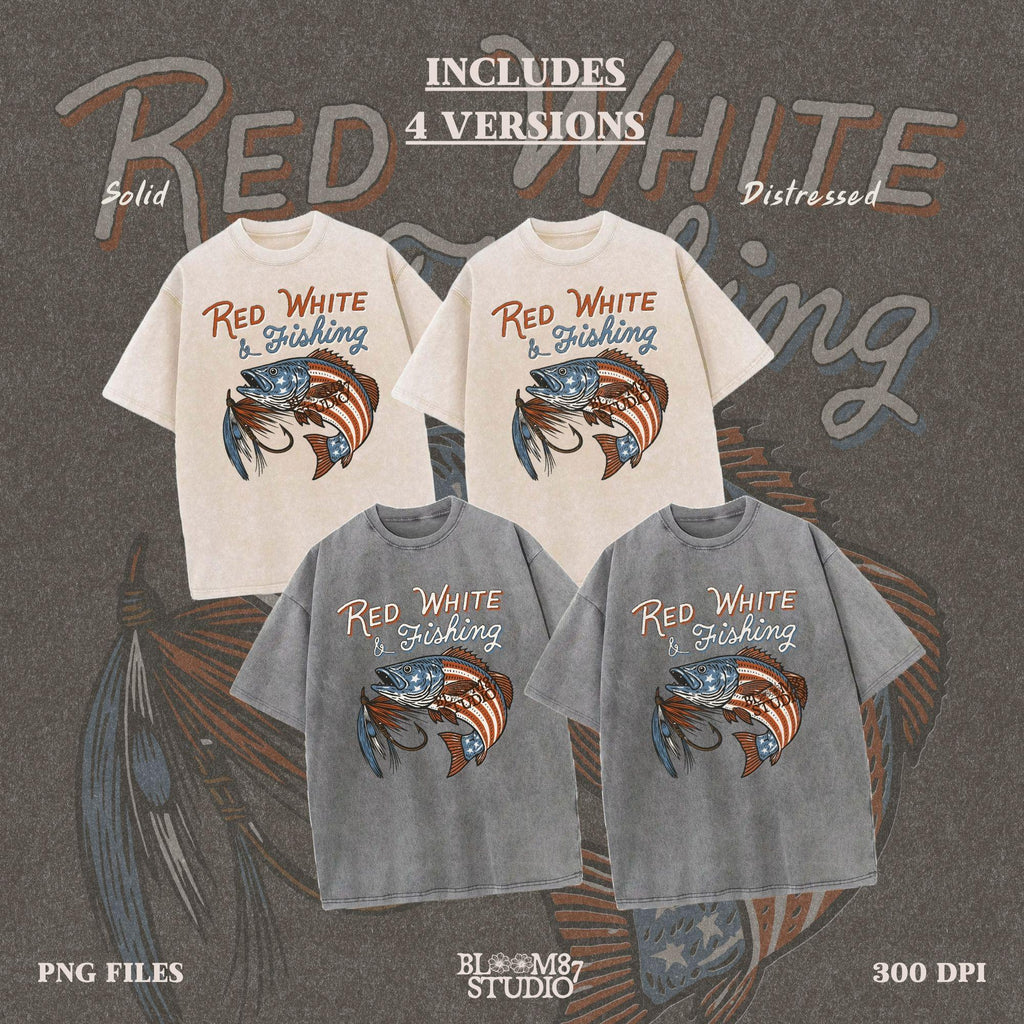 Bass fish decorated with American flag stars and stripes, jumping with a fishing lure and text “Red White & Fishing” in patriotic style.