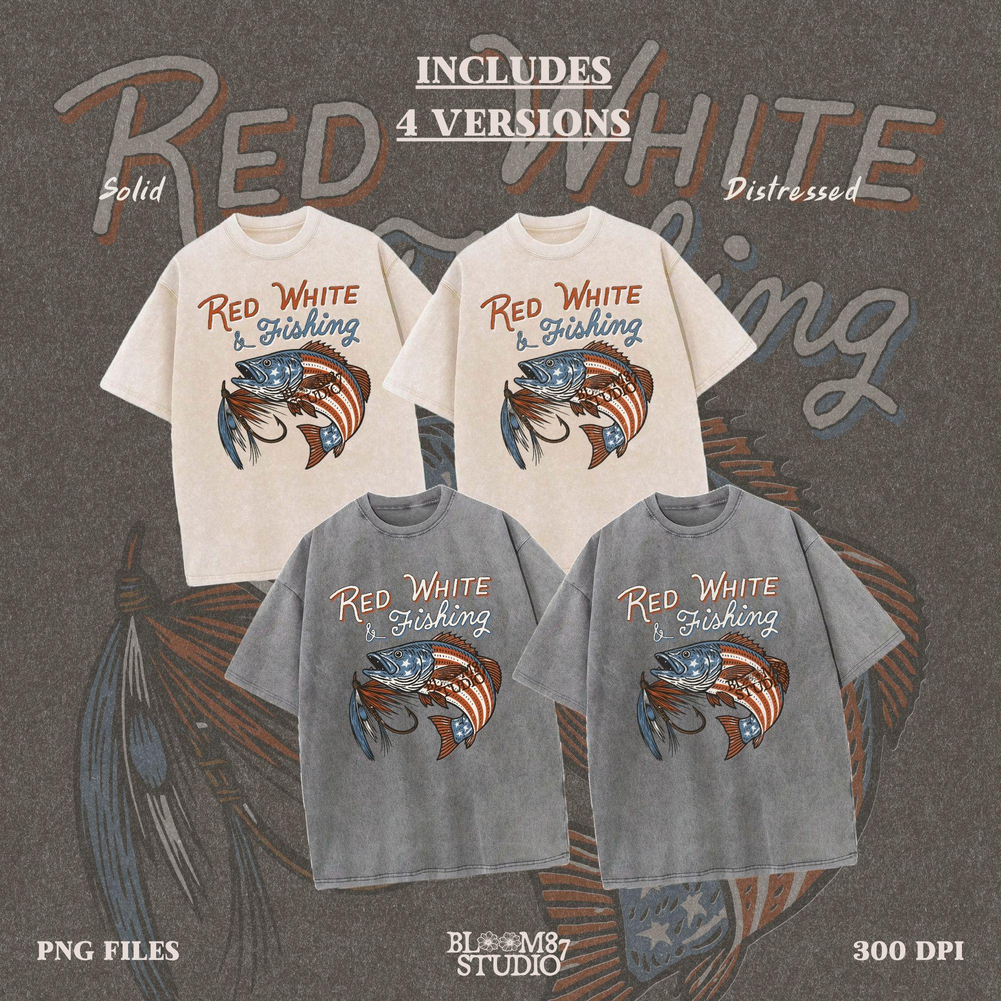 Bass fish decorated with American flag stars and stripes, jumping with a fishing lure and text “Red White & Fishing” in patriotic style.