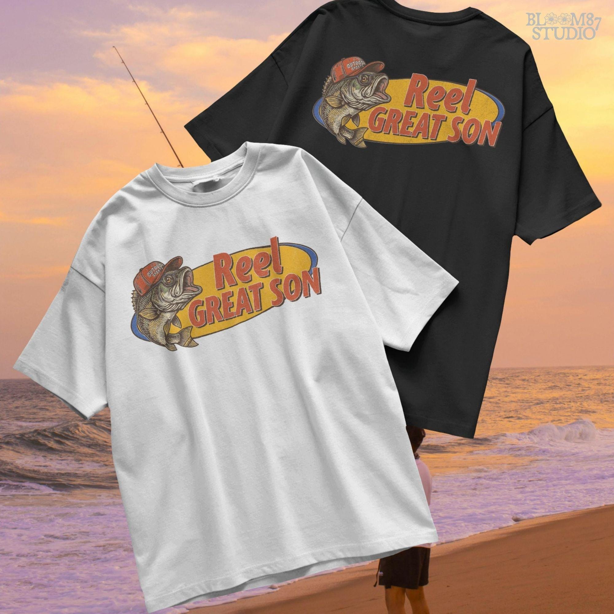 Illustration of a bass fish wearing a red trucker hat with the text “Reel Great Son” in bold vintage lettering, designed for sublimation and fishing-themed gifts for kids.