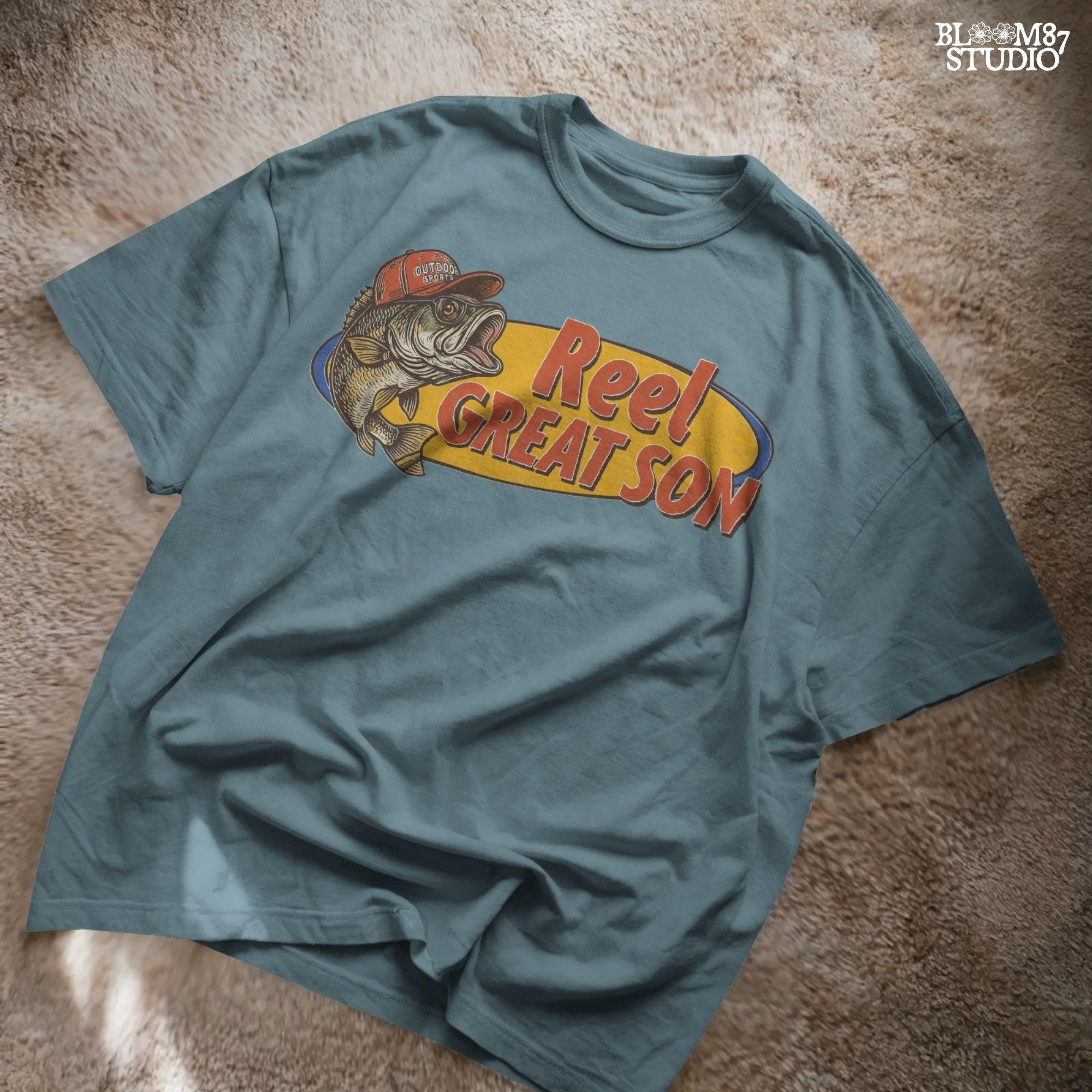 Illustration of a bass fish wearing a red trucker hat with the text “Reel Great Son” in bold vintage lettering, designed for sublimation and fishing-themed gifts for kids.