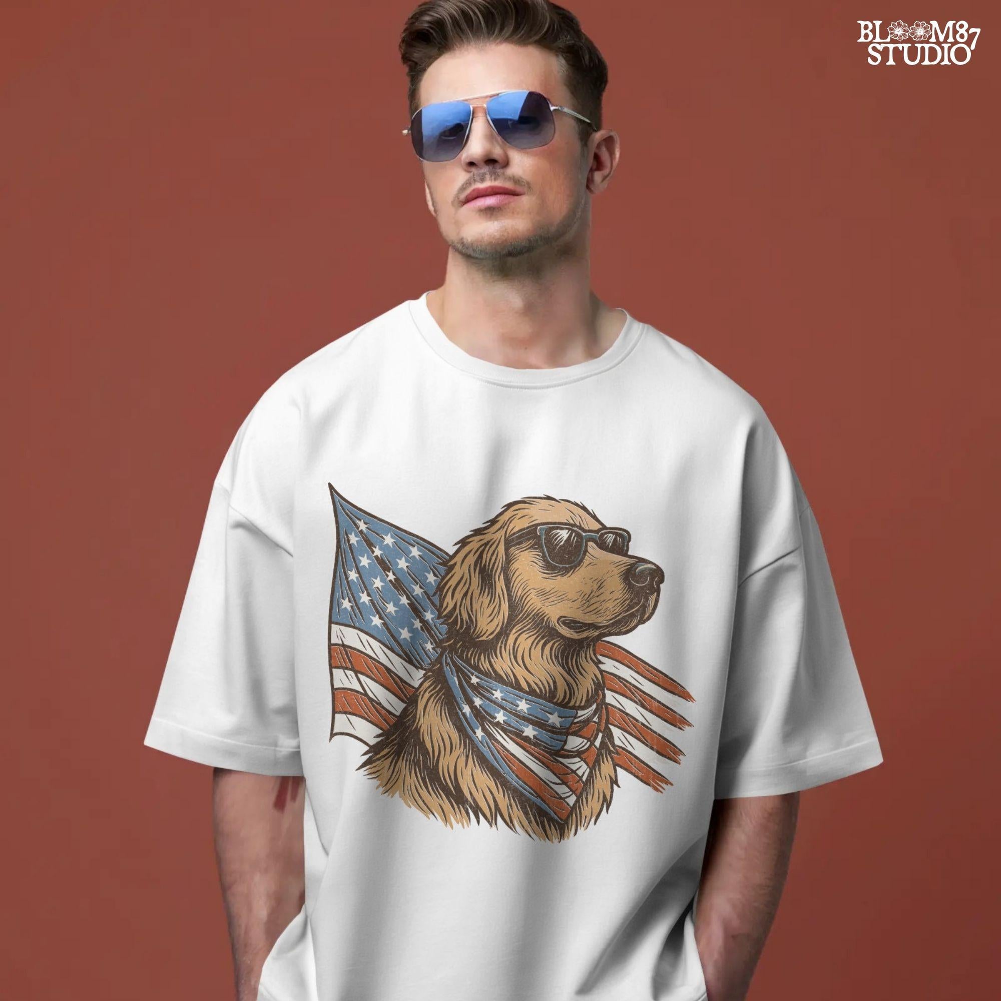 Golden retriever wearing sunglasses and American flag bandana with patriotic cape flowing behind in red, white, and blue design.