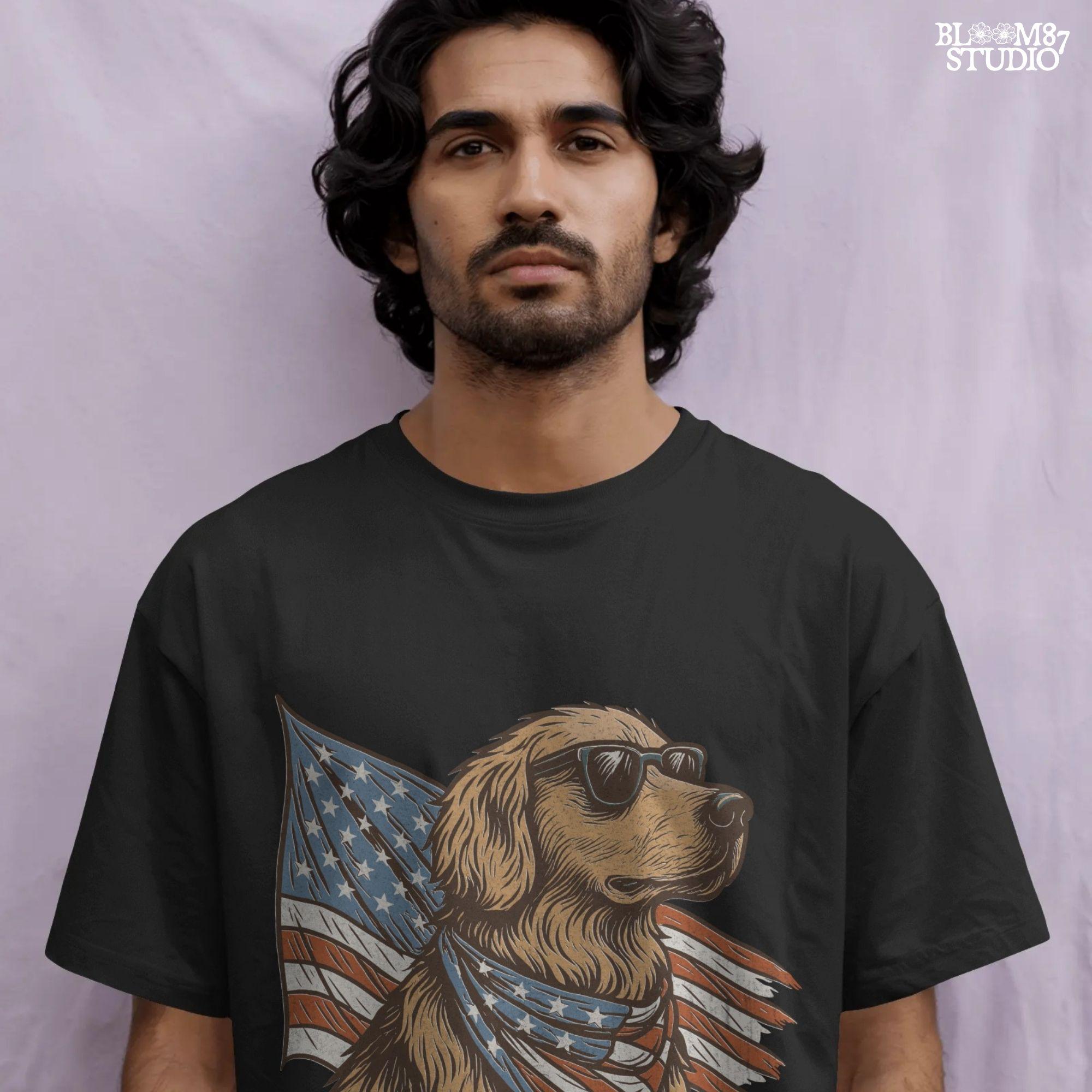 Golden retriever wearing sunglasses and American flag bandana with patriotic cape flowing behind in red, white, and blue design.