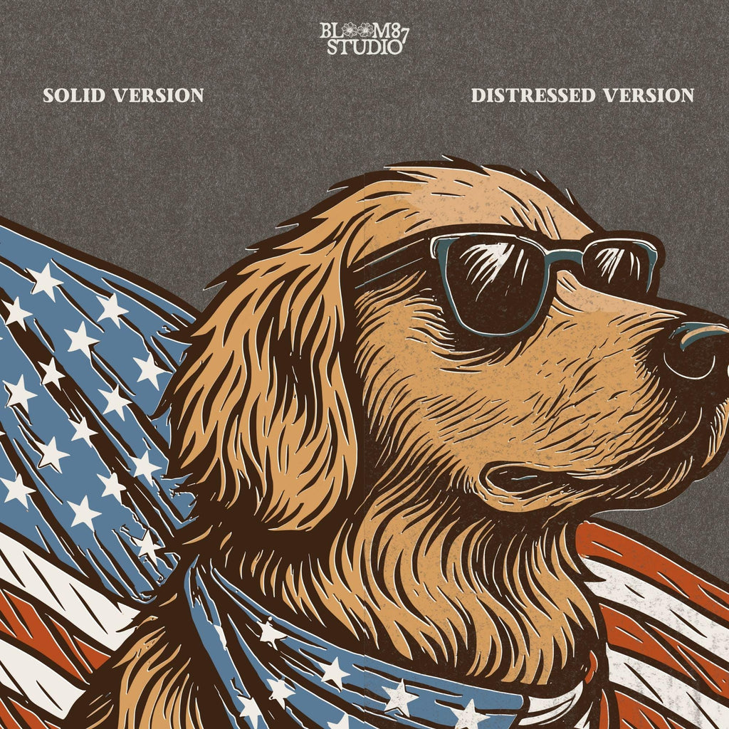 Golden retriever wearing sunglasses and American flag bandana with patriotic cape flowing behind in red, white, and blue design.