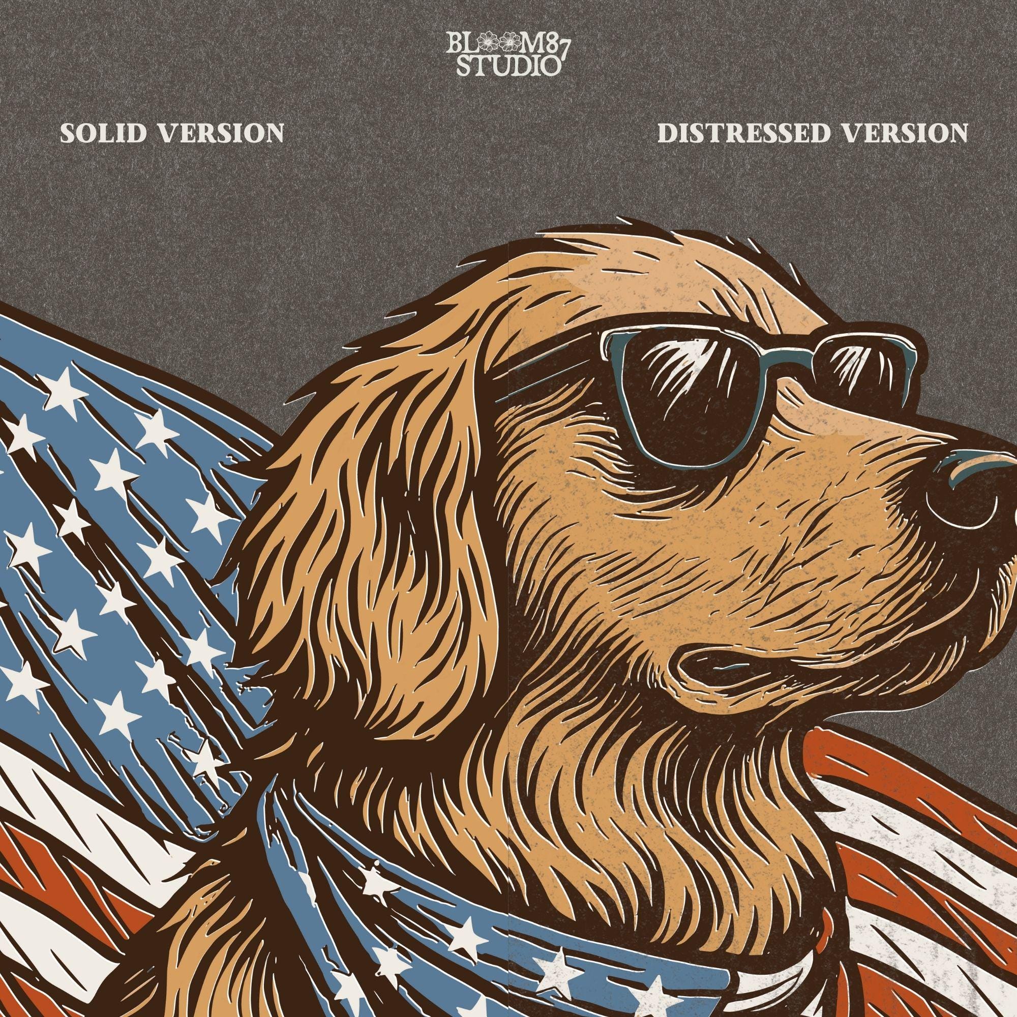Golden retriever wearing sunglasses and American flag bandana with patriotic cape flowing behind in red, white, and blue design.