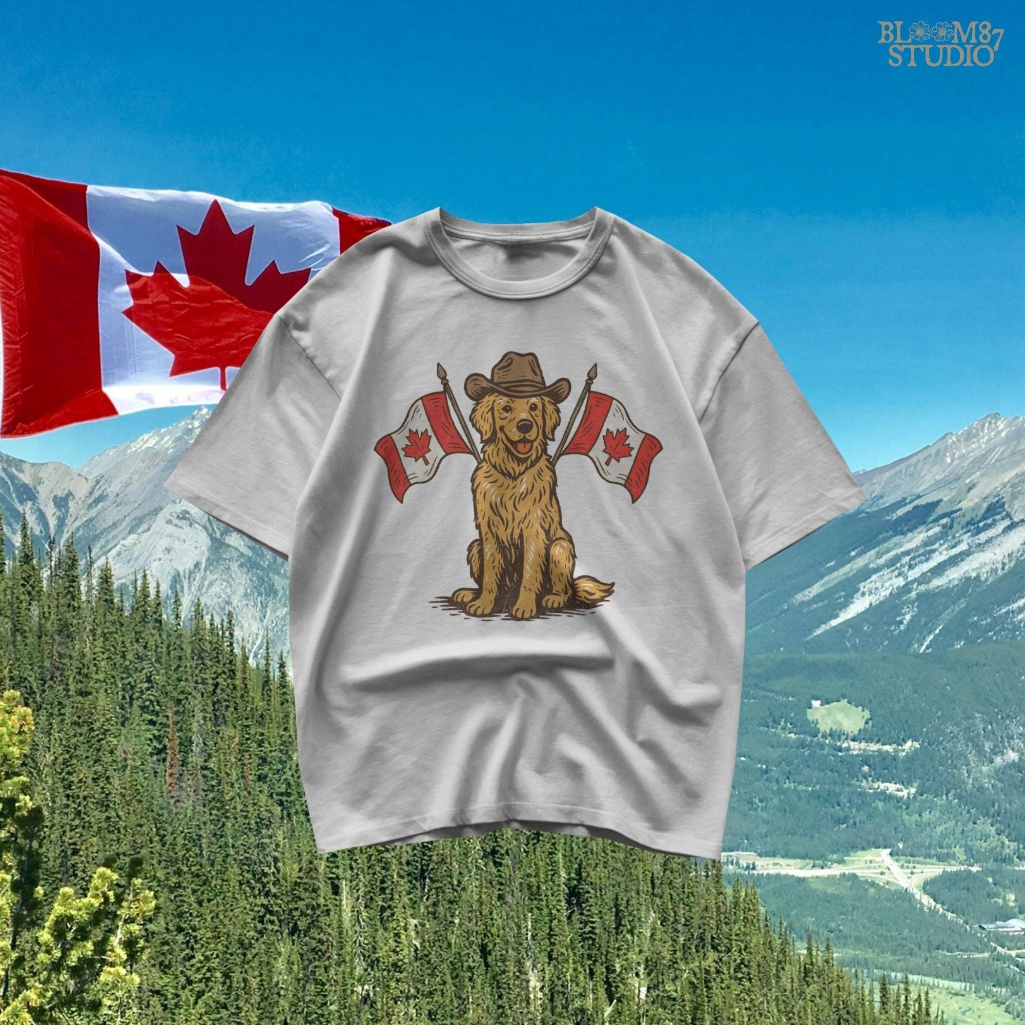 Illustration of a golden retriever wearing a cowboy hat and sitting between two Canadian flags, designed for Canada Day-themed sublimation projects.