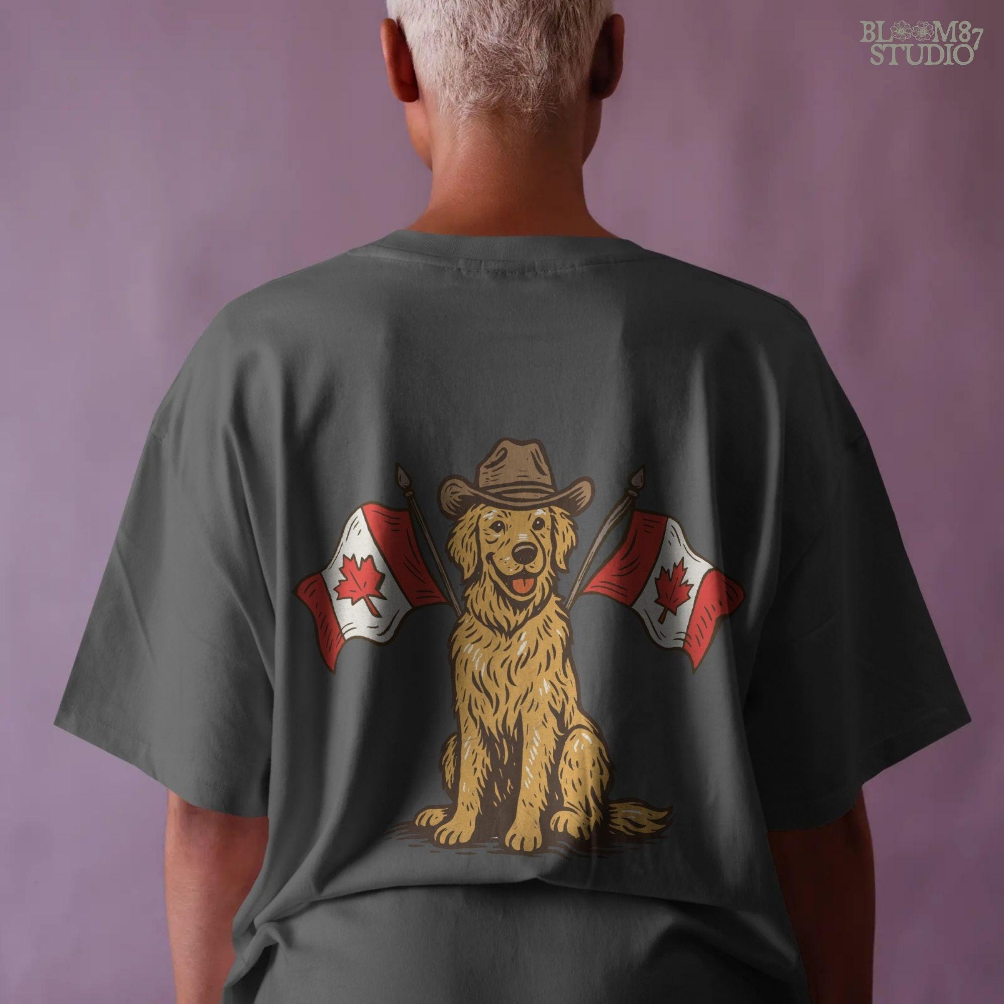 Illustration of a golden retriever wearing a cowboy hat and sitting between two Canadian flags, designed for Canada Day-themed sublimation projects.