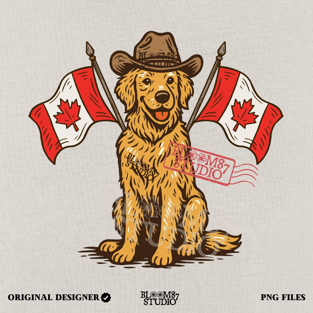 Illustration of a golden retriever wearing a cowboy hat and sitting between two Canadian flags, designed for Canada Day-themed sublimation projects.