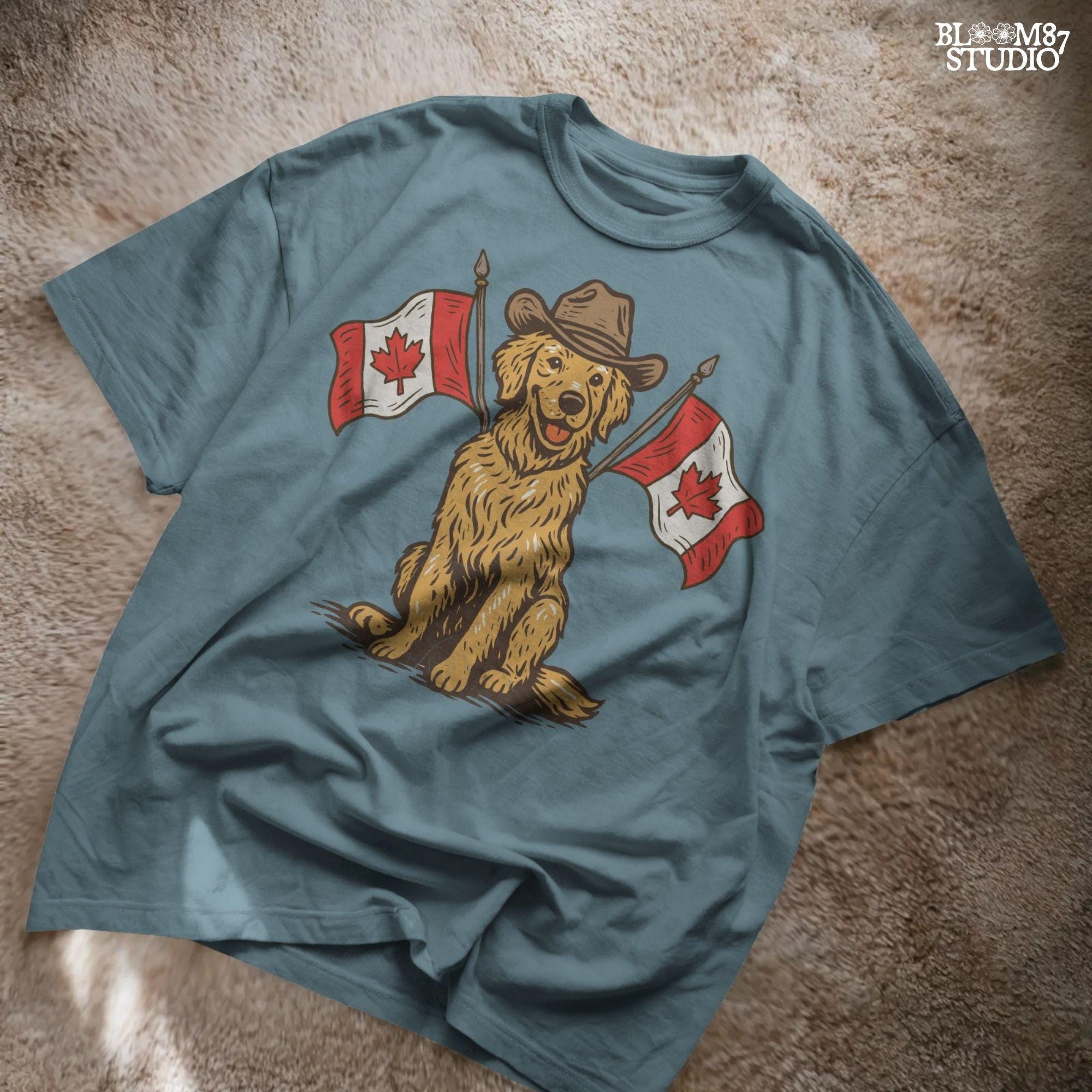 Illustration of a golden retriever wearing a cowboy hat and sitting between two Canadian flags, designed for Canada Day-themed sublimation projects.
