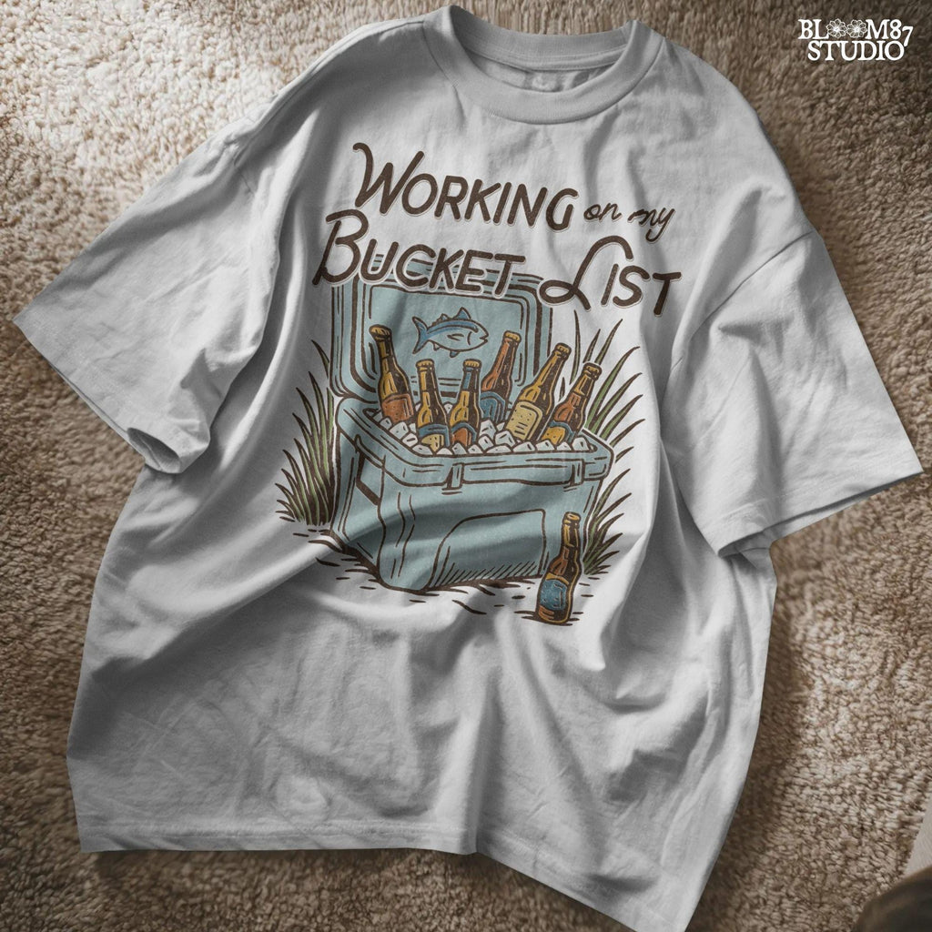 Vintage-style PNG illustration of a cooler filled with beer bottles and ice, with text reading “Working on My Bucket List.”