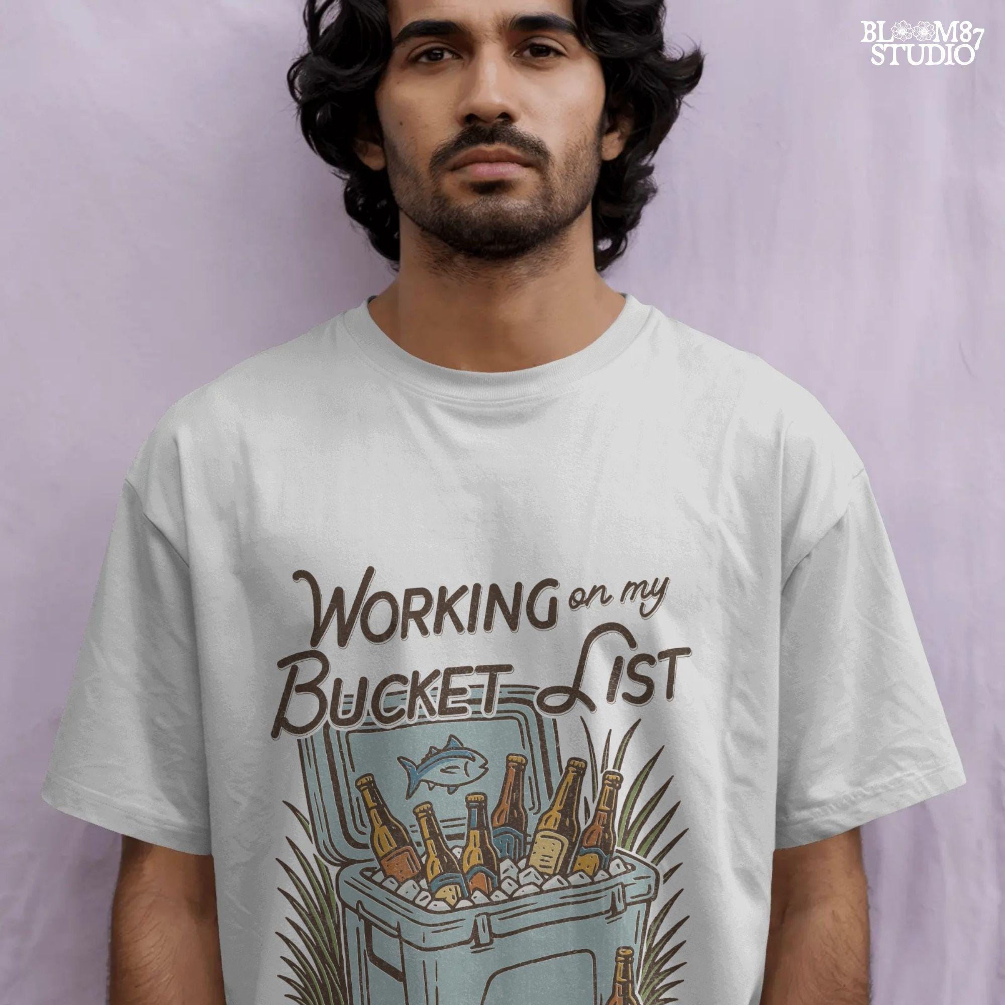 Vintage-style PNG illustration of a cooler filled with beer bottles and ice, with text reading “Working on My Bucket List.”