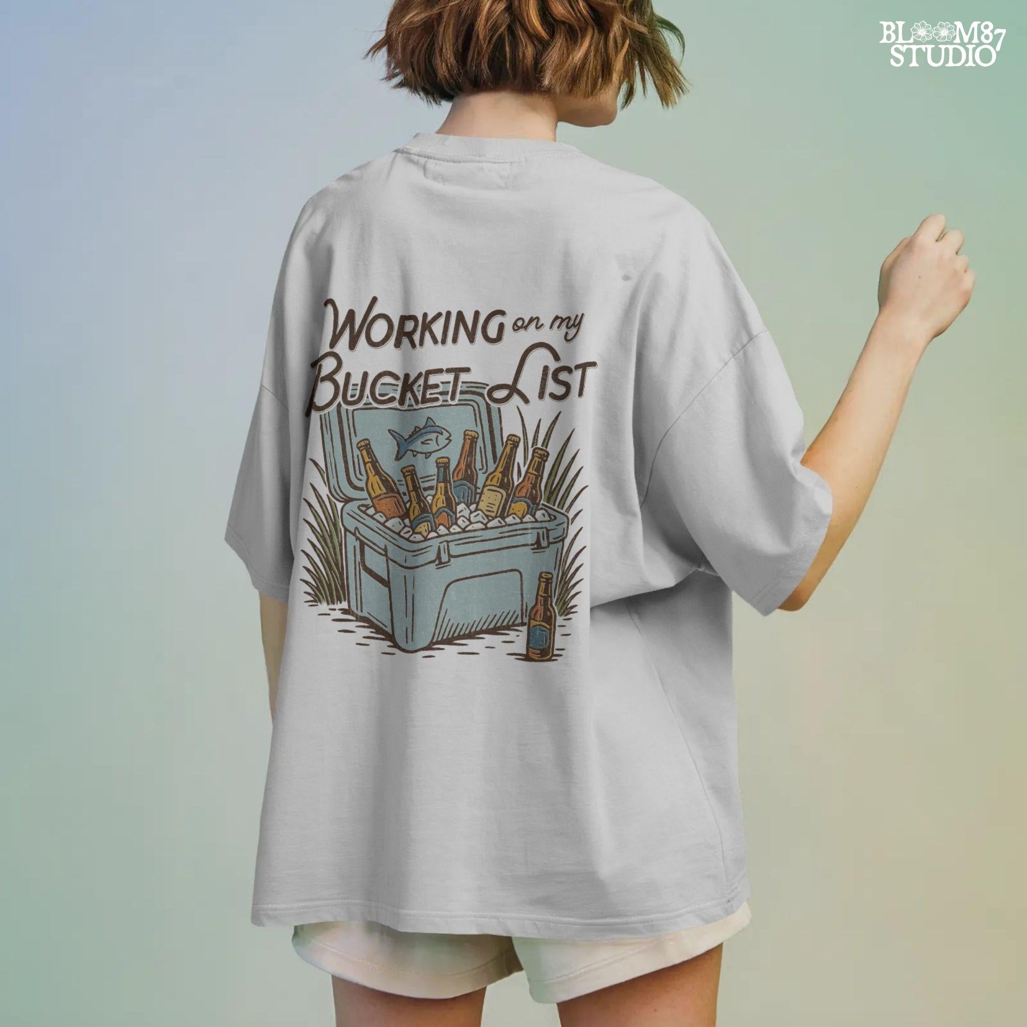 Vintage-style PNG illustration of a cooler filled with beer bottles and ice, with text reading “Working on My Bucket List.”