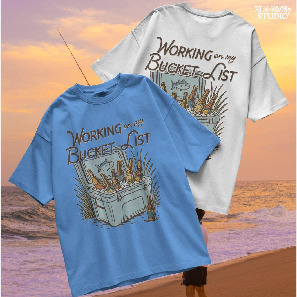 Vintage-style PNG illustration of a cooler filled with beer bottles and ice, with text reading “Working on My Bucket List.”