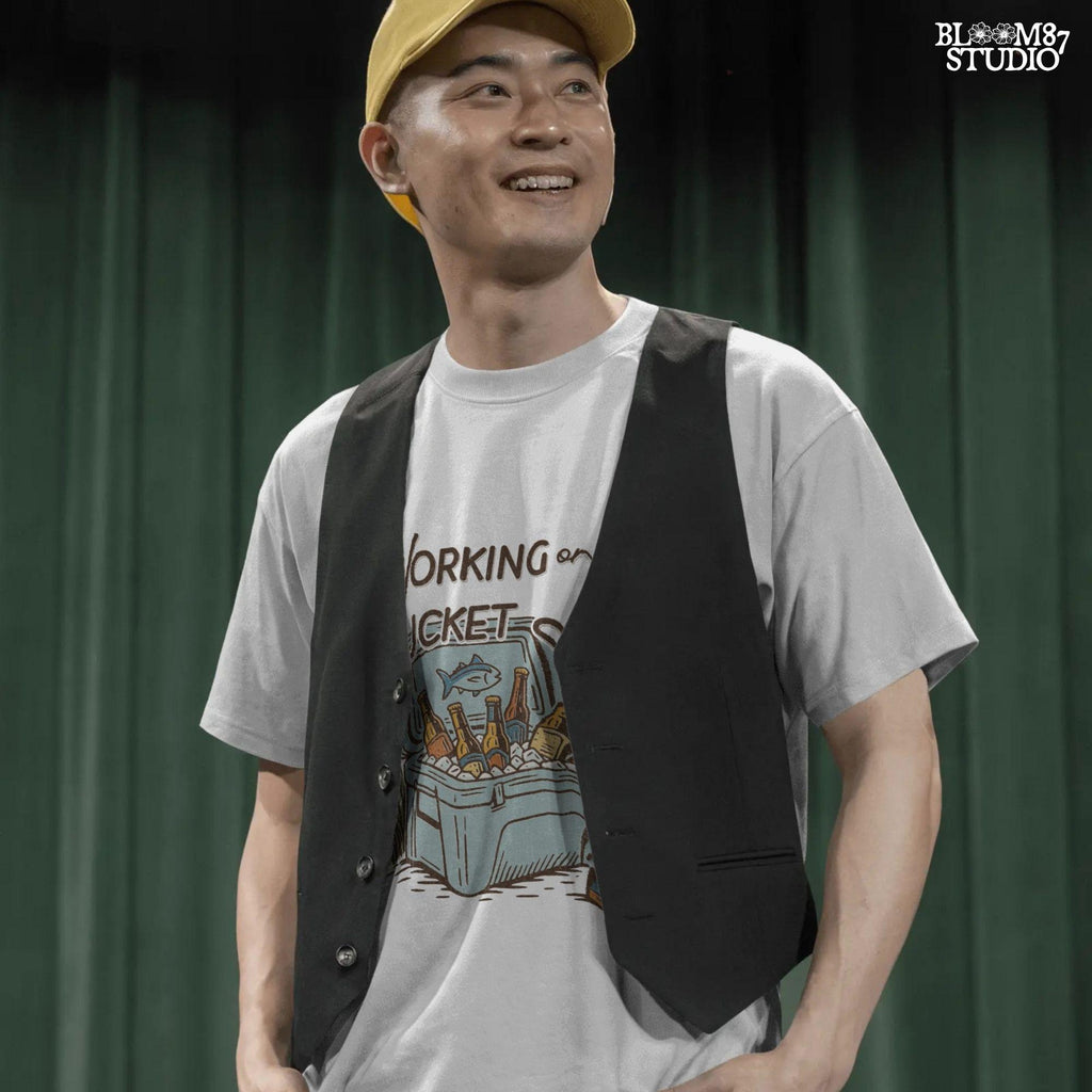 Vintage-style PNG illustration of a cooler filled with beer bottles and ice, with text reading “Working on My Bucket List.”