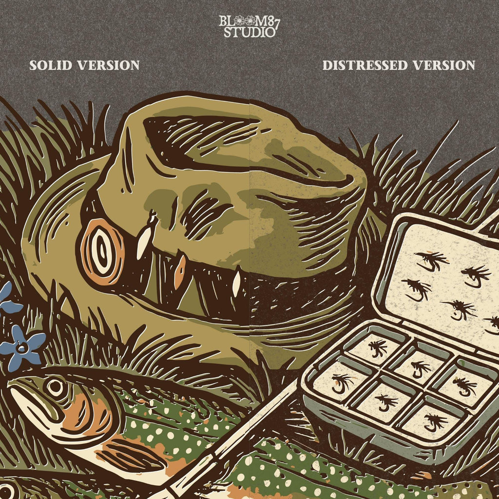 Vintage fly fishing illustration showing two trout, a fly rod, fisherman’s hat, and fly box on grassy ground with wildflowers.