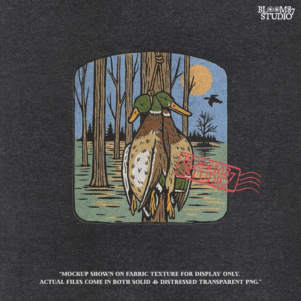Illustration of two mallard ducks hanging from a tree in a flooded timber swamp at sunset, designed for duck hunting-themed sublimation and lodge decor.