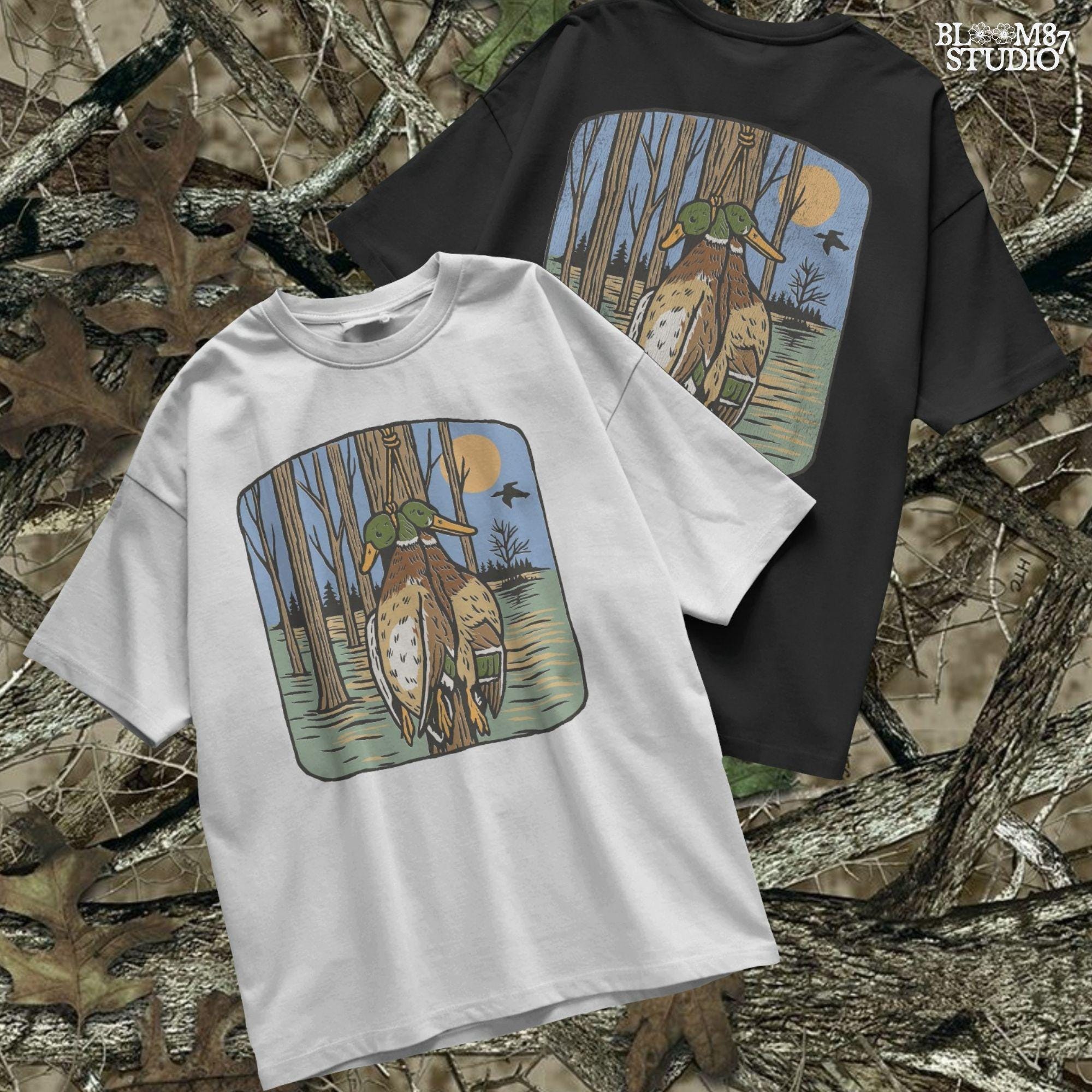 Illustration of two mallard ducks hanging from a tree in a flooded timber swamp at sunset, designed for duck hunting-themed sublimation and lodge decor.