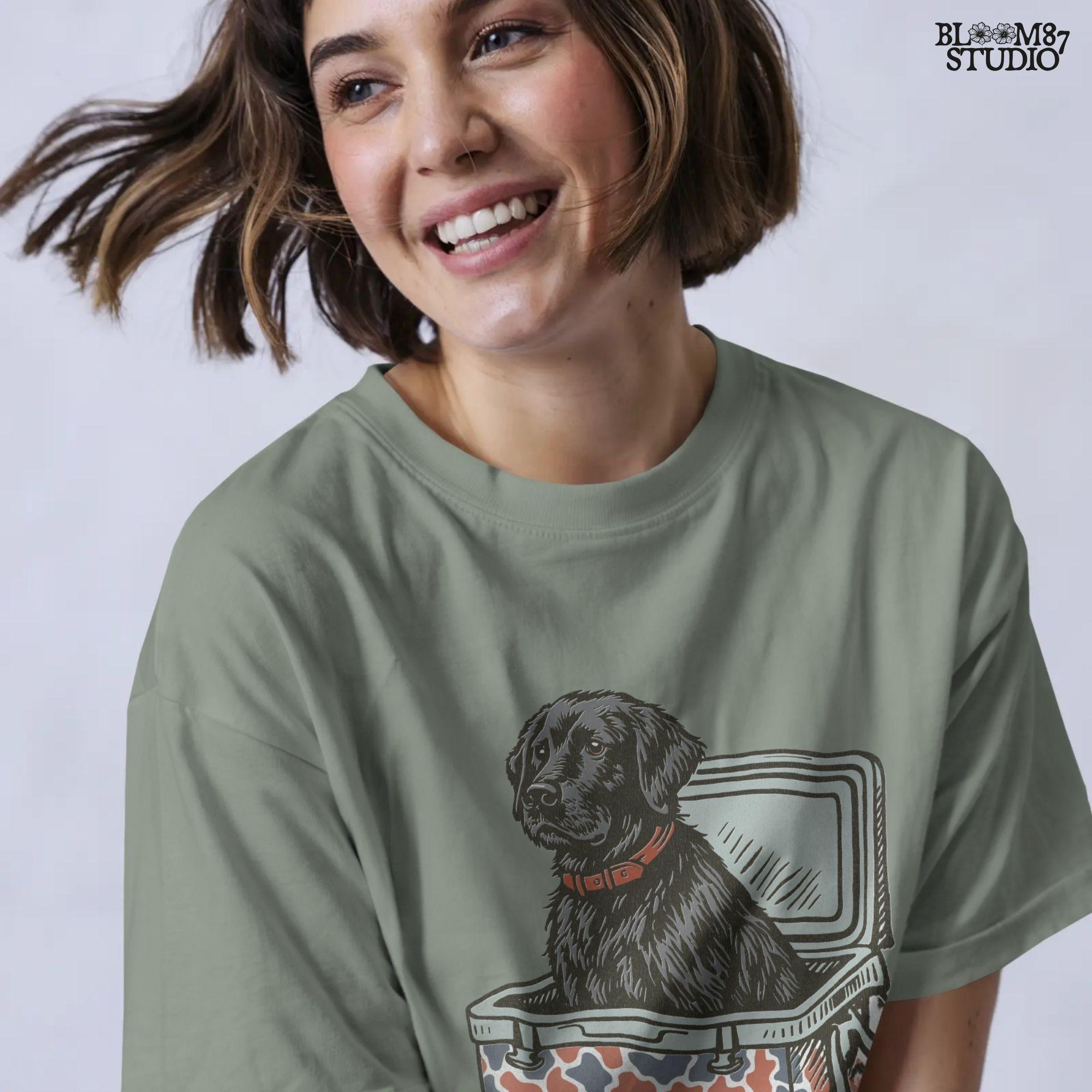 Illustration of a black Labrador retriever sitting in a red, white, and blue camo cooler with a “USA” label, designed for patriotic dog-themed sublimation.