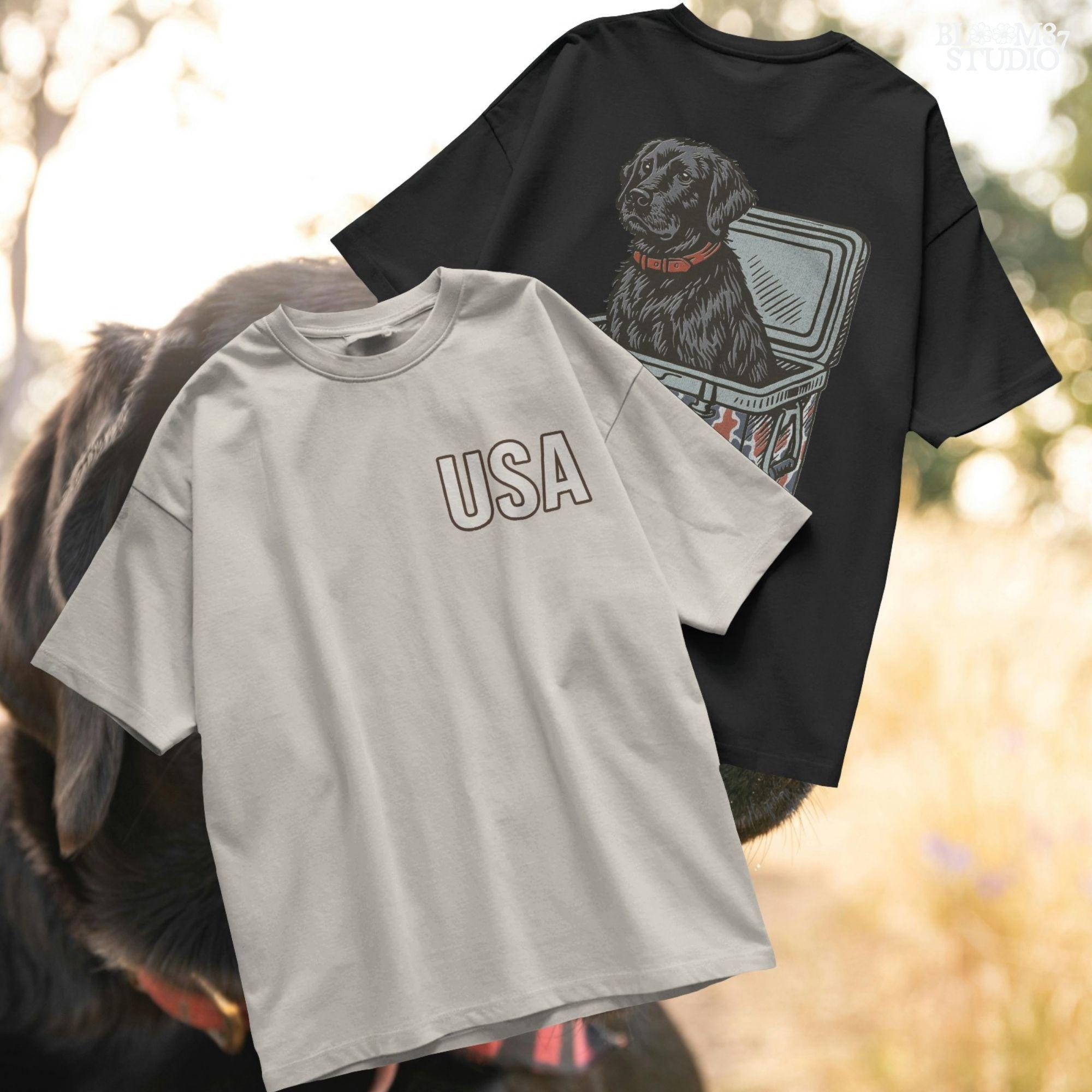 Illustration of a black Labrador retriever sitting in a red, white, and blue camo cooler with a “USA” label, designed for patriotic dog-themed sublimation.