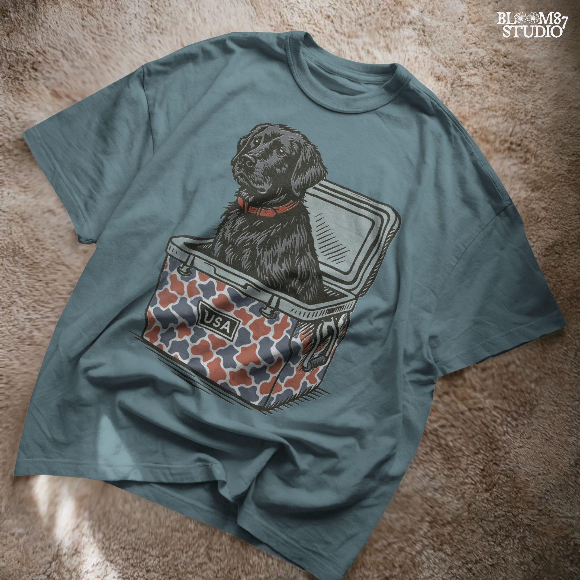 Illustration of a black Labrador retriever sitting in a red, white, and blue camo cooler with a “USA” label, designed for patriotic dog-themed sublimation.