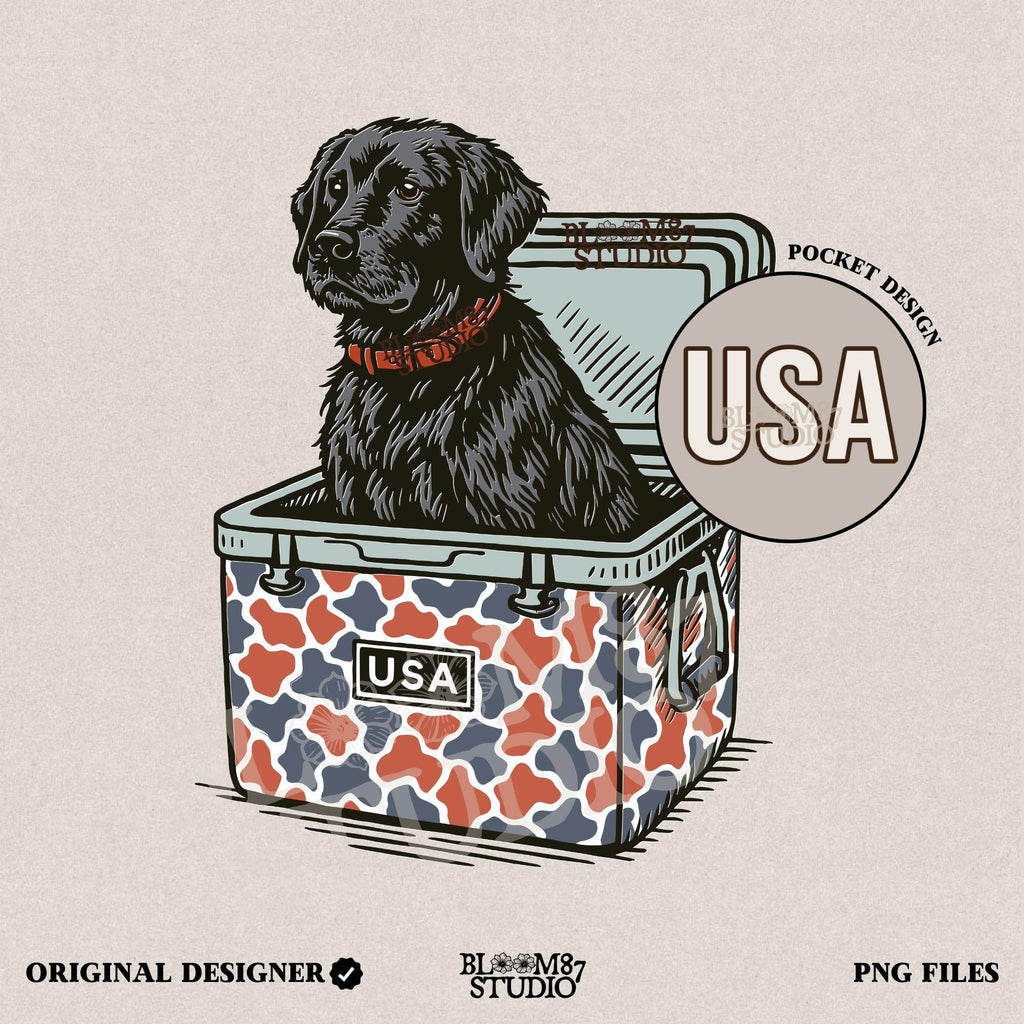 Illustration of a black Labrador retriever sitting in a red, white, and blue camo cooler with a “USA” label, designed for patriotic dog-themed sublimation.