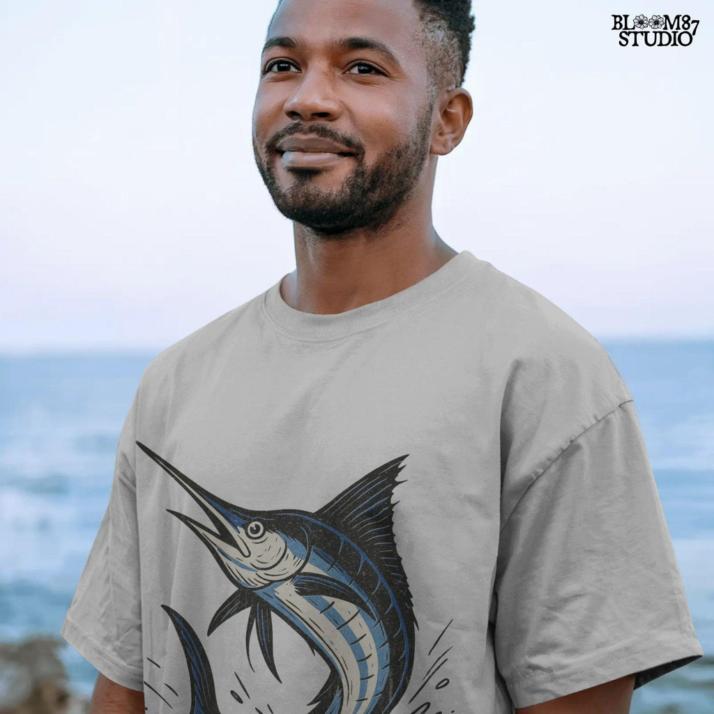Illustration of a jumping marlin fish in blue and white, splashing out of ocean water in a dynamic pose on transparent background.