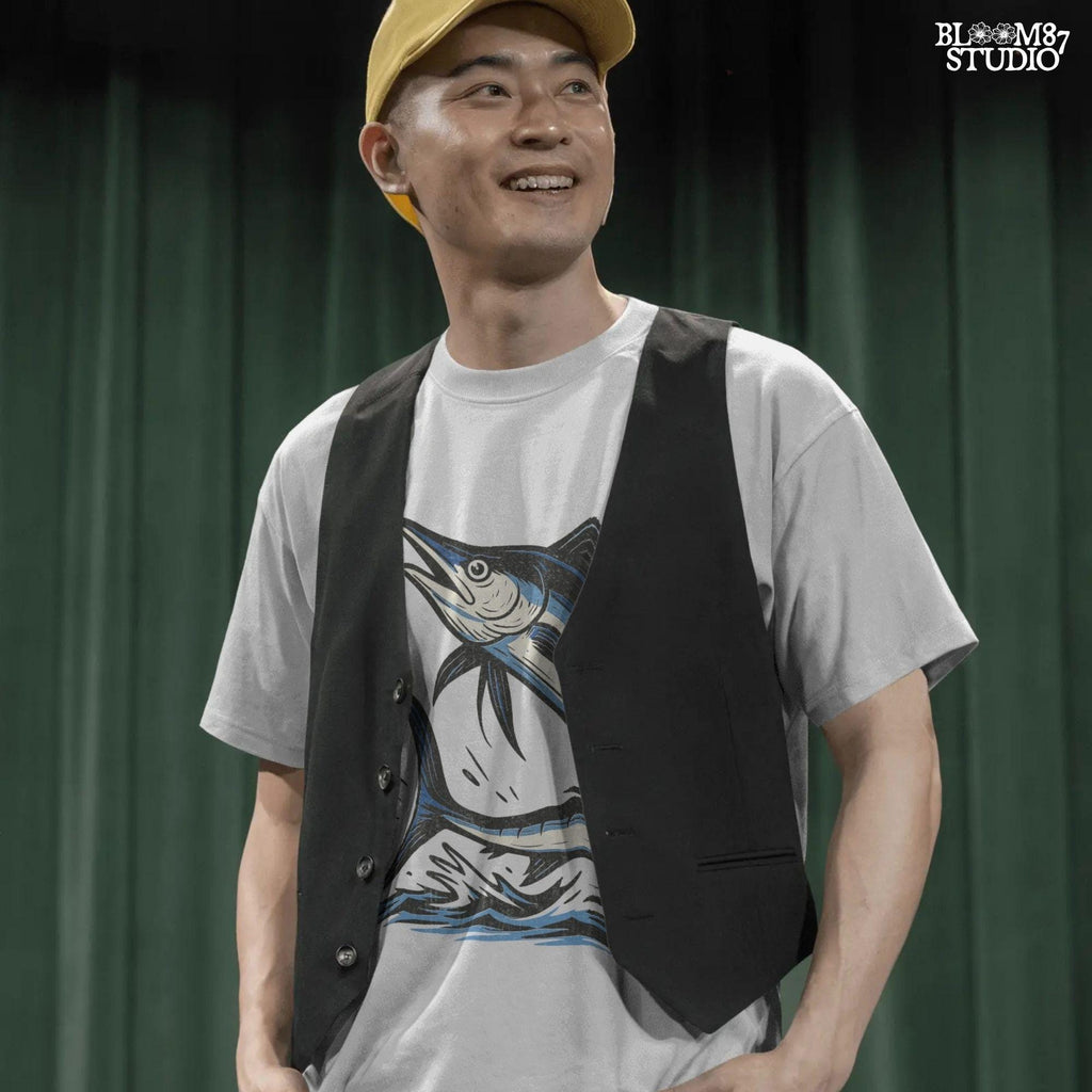 Illustration of a jumping marlin fish in blue and white, splashing out of ocean water in a dynamic pose on transparent background.