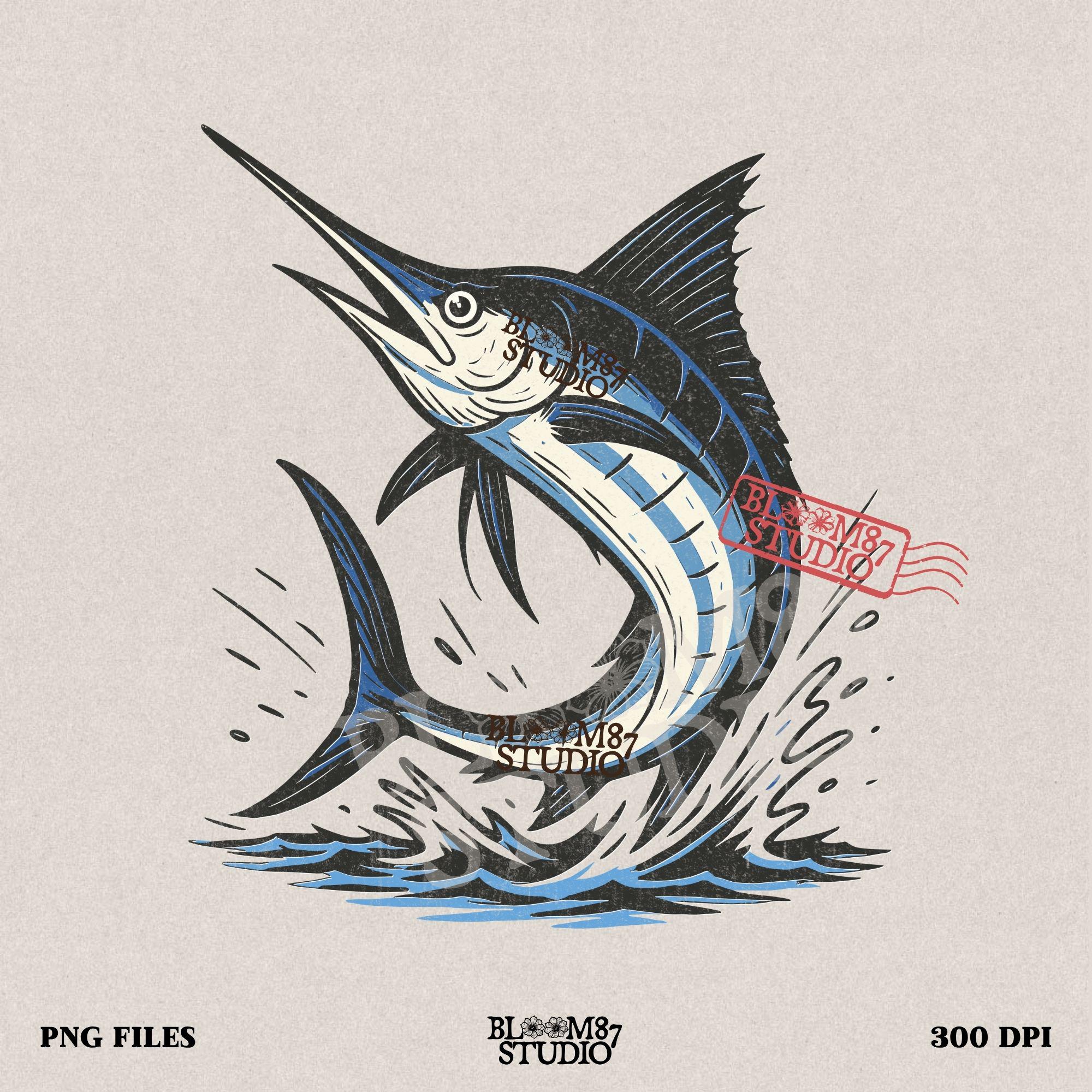 Illustration of a jumping marlin fish in blue and white, splashing out of ocean water in a dynamic pose on transparent background.