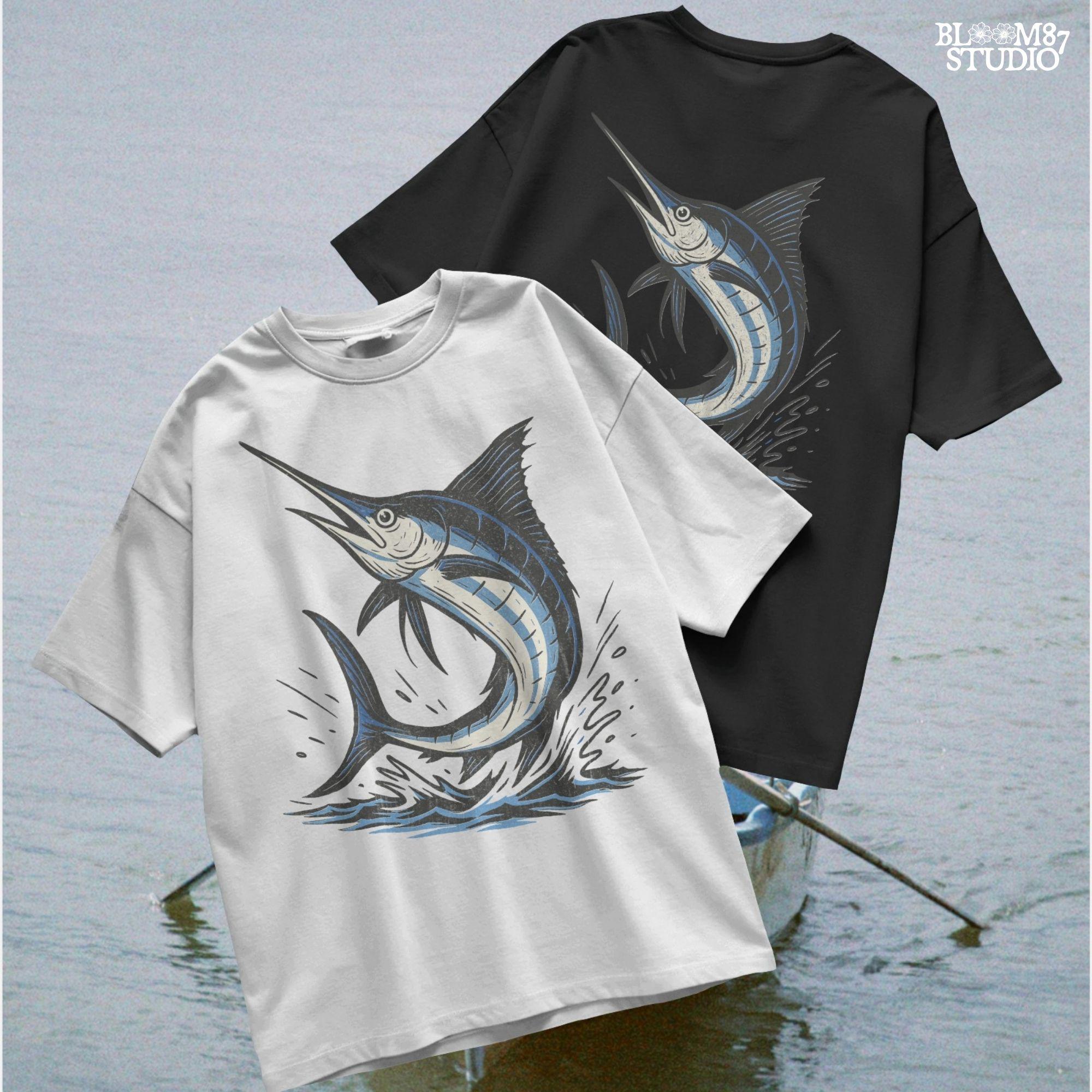 Illustration of a jumping marlin fish in blue and white, splashing out of ocean water in a dynamic pose on transparent background.