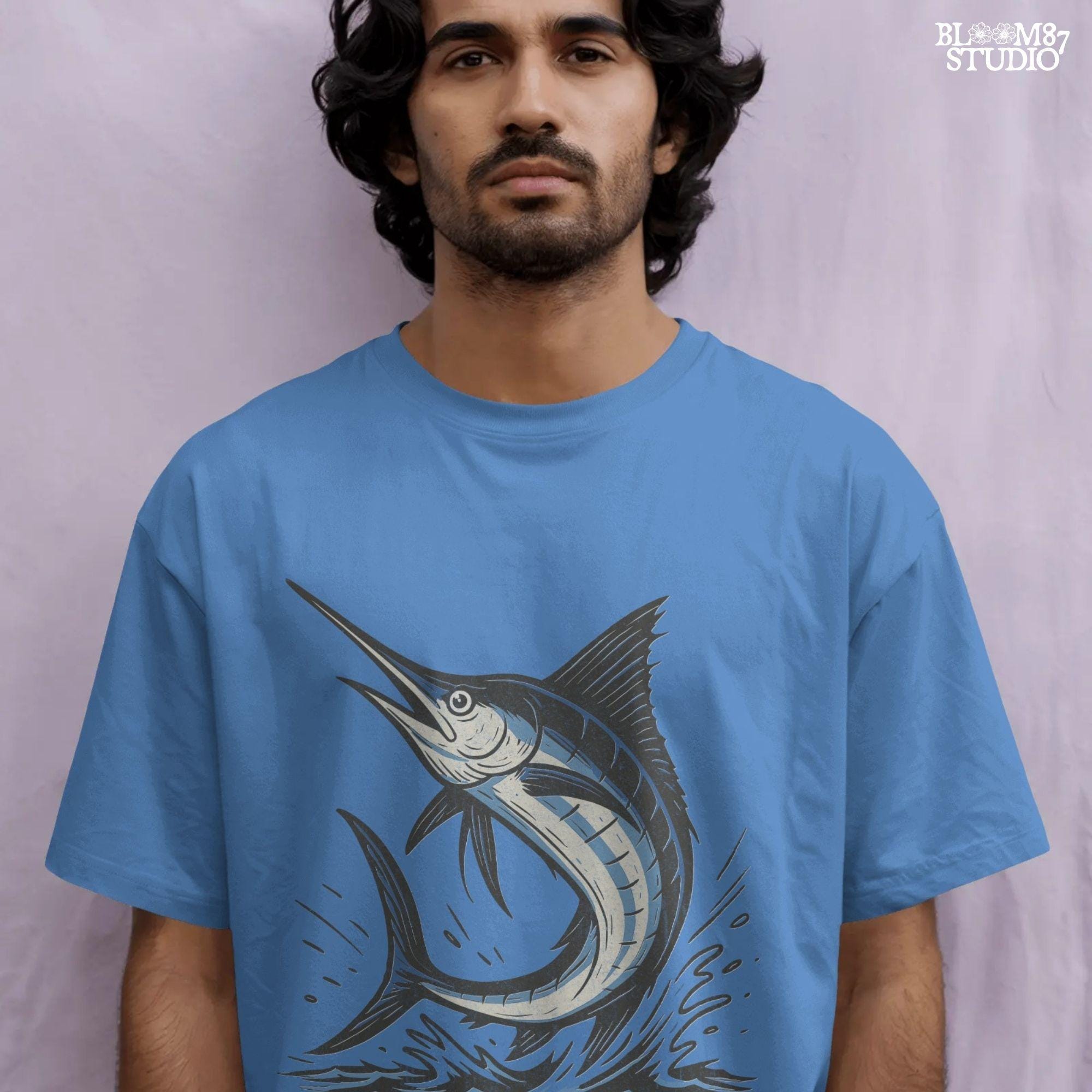 Illustration of a jumping marlin fish in blue and white, splashing out of ocean water in a dynamic pose on transparent background.